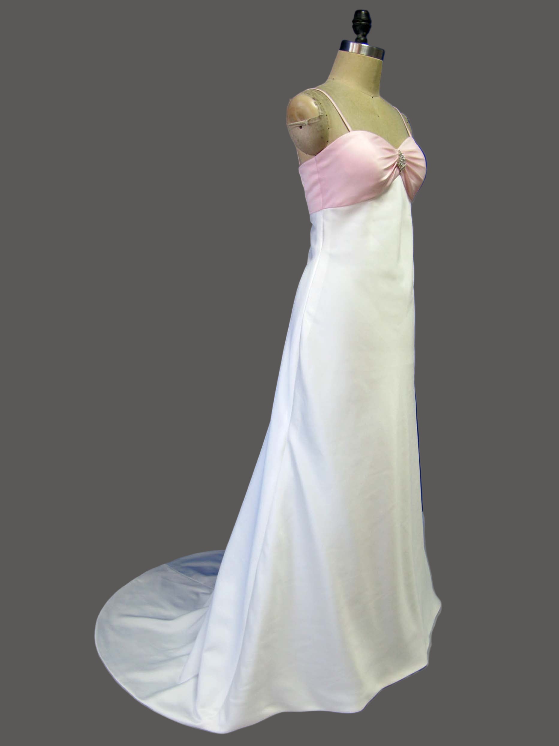 Satin A-Line Wedding Dress with Pink Bow Detail and Spaghetti Straps