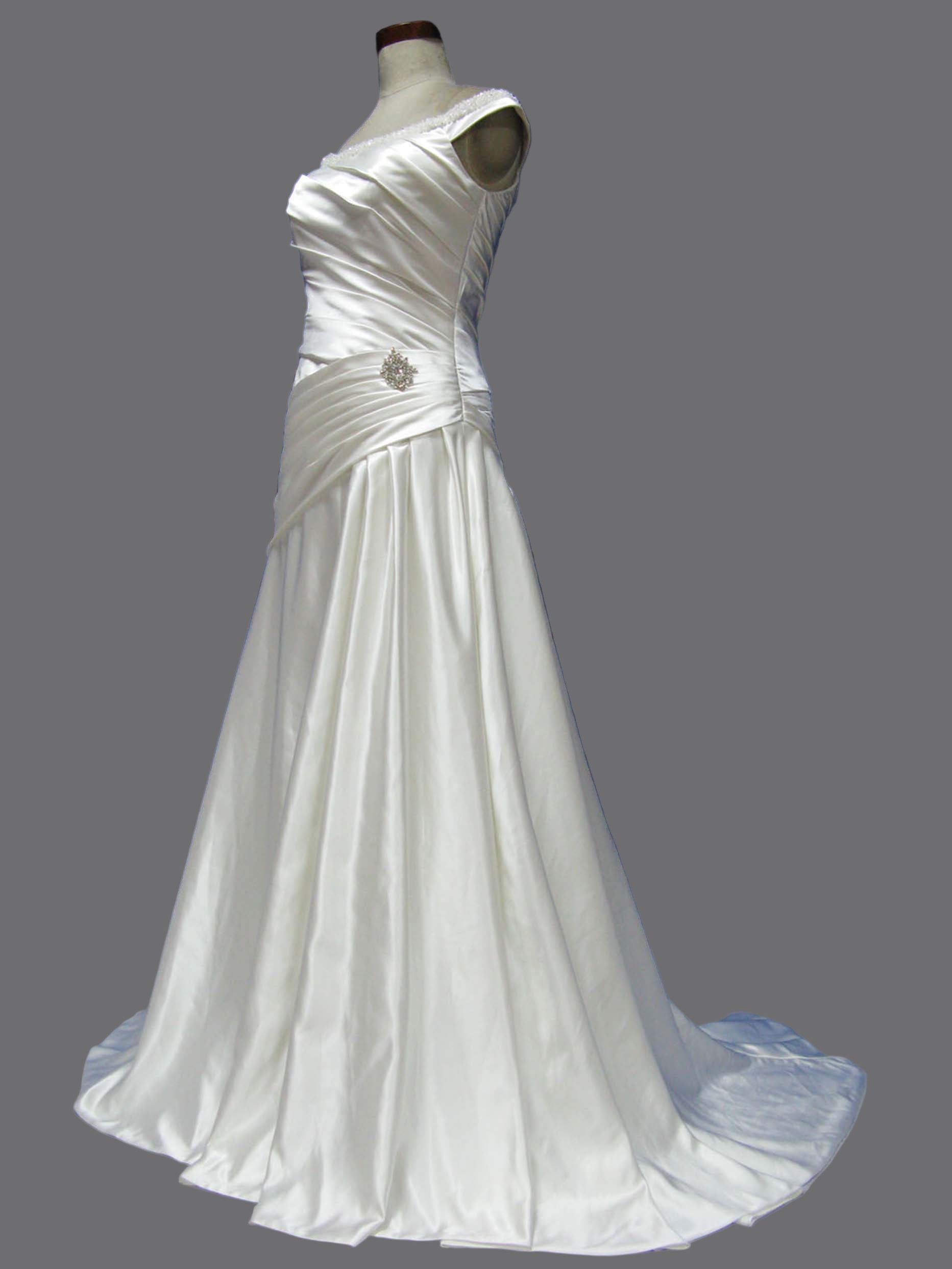 Scoop Beaded Neckline Pleated Bodice A-line Taffeta Wedding Dress