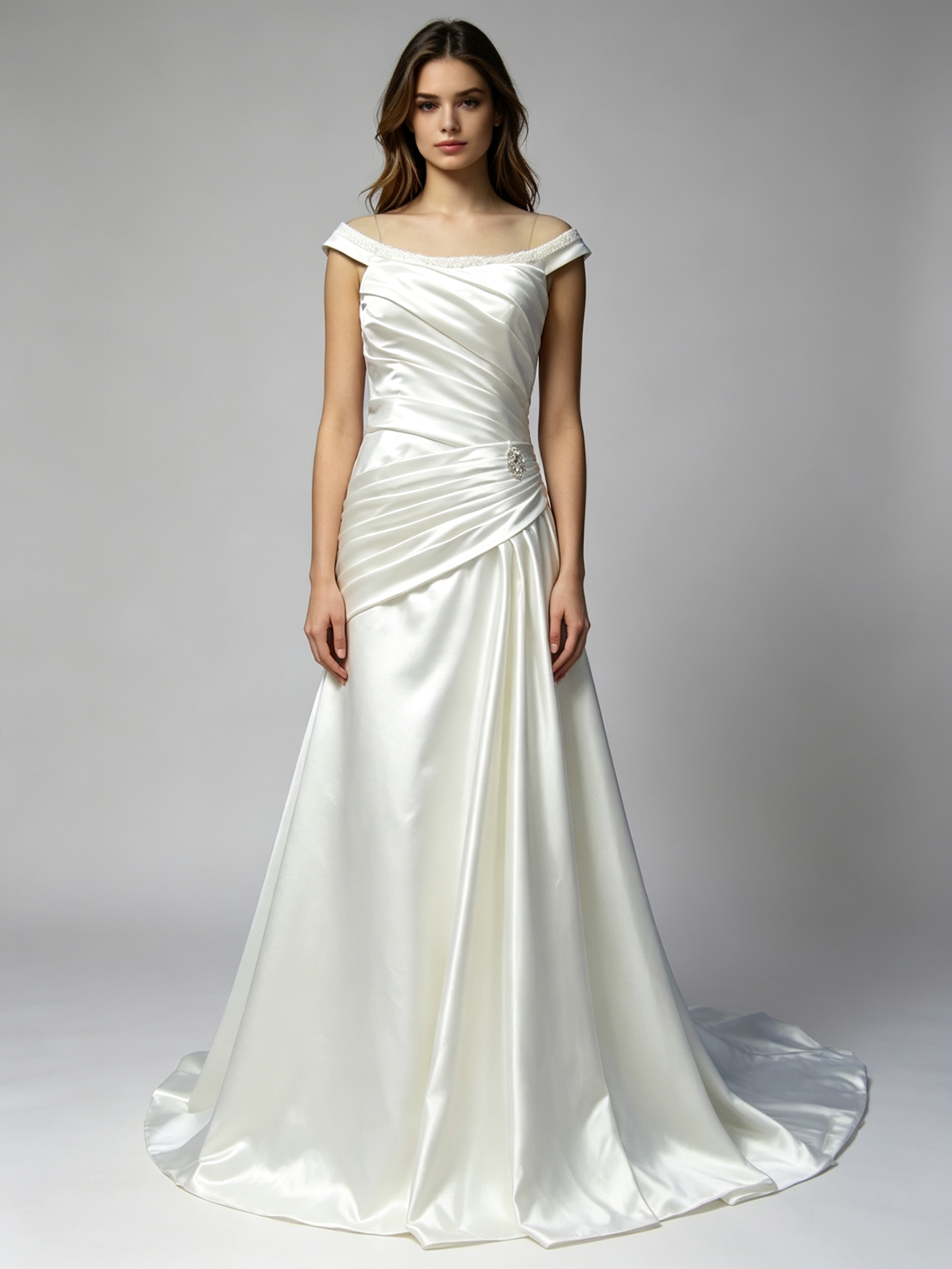 Scoop Beaded Neckline Pleated Bodice A-line Taffeta Wedding Dress