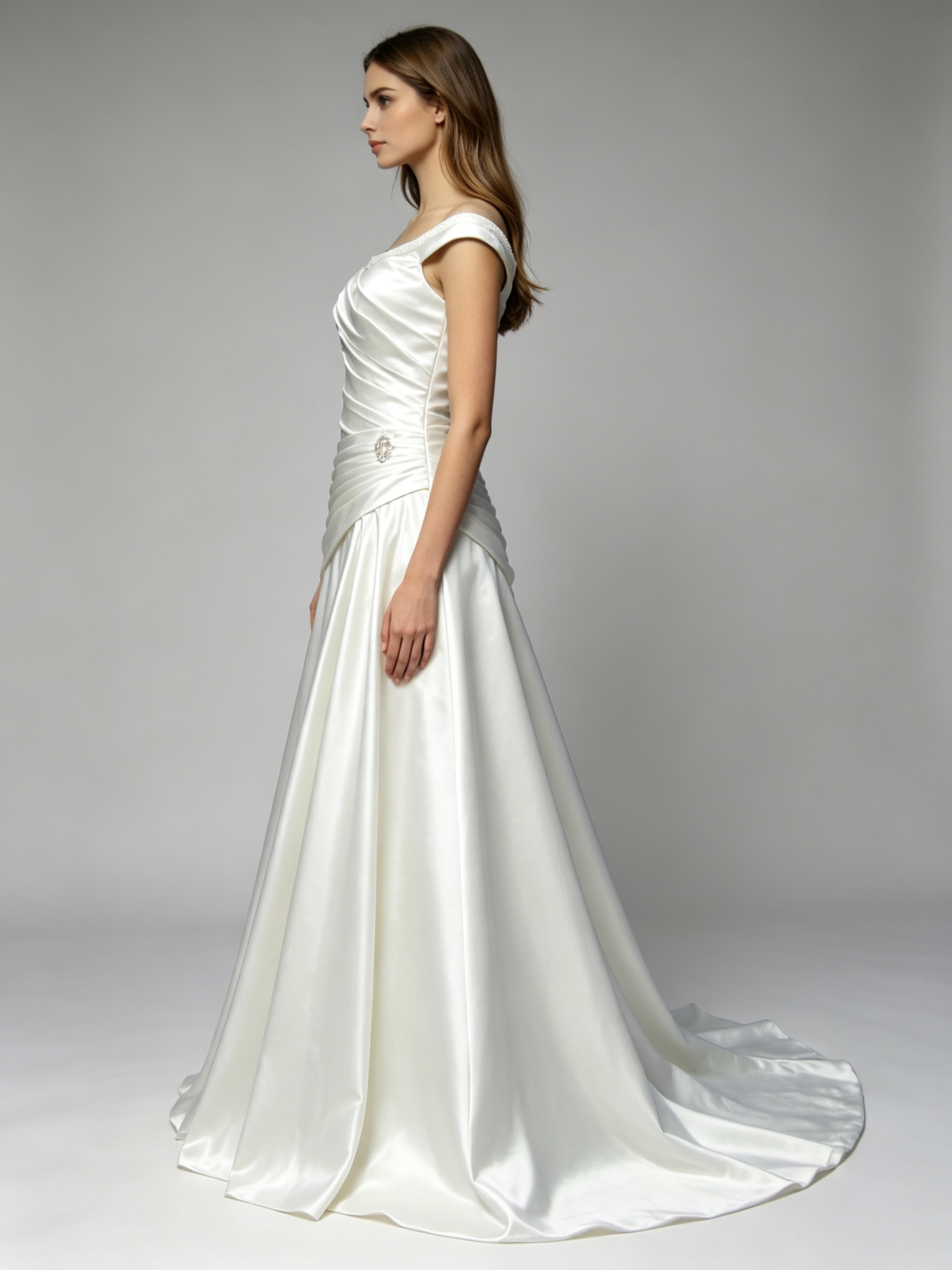 Scoop Beaded Neckline Pleated Bodice A-line Taffeta Wedding Dress