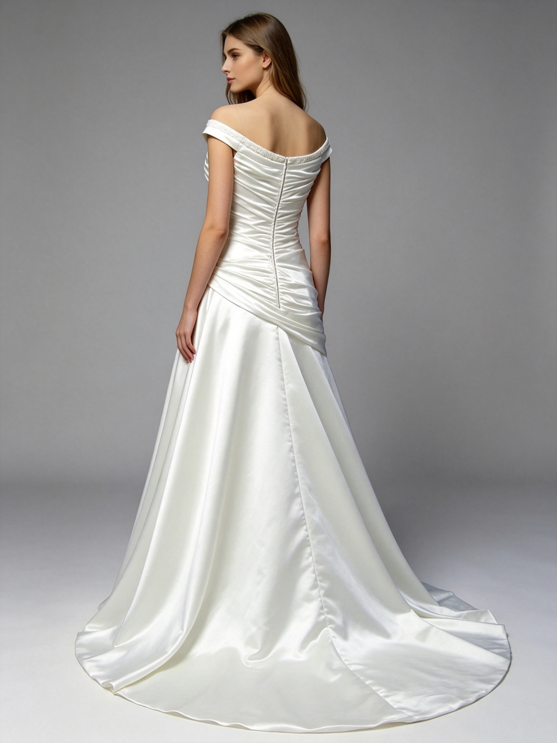 Scoop Beaded Neckline Pleated Bodice A-line Taffeta Wedding Dress