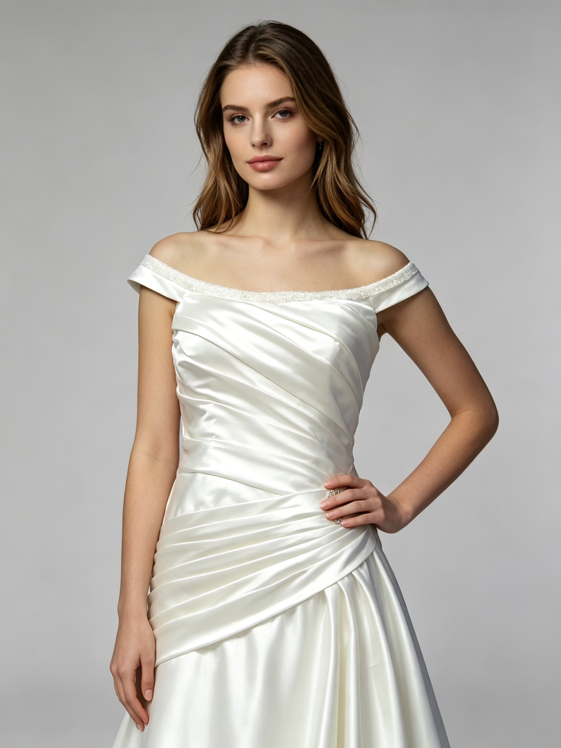 Scoop Beaded Neckline Pleated Bodice A-line Taffeta Wedding Dress