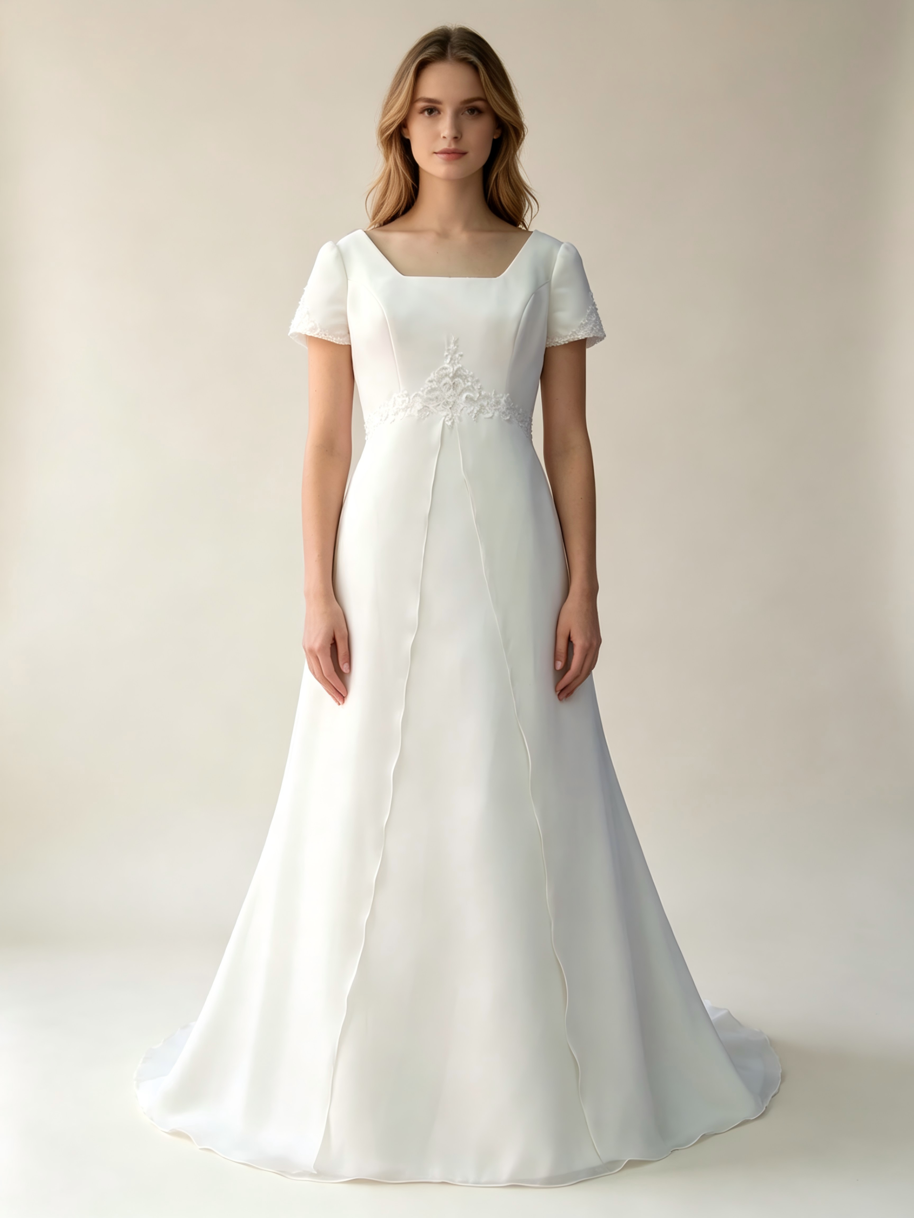 Scoop Neckline Short Sleeve Sheath Long Chiffon Wedding Dress