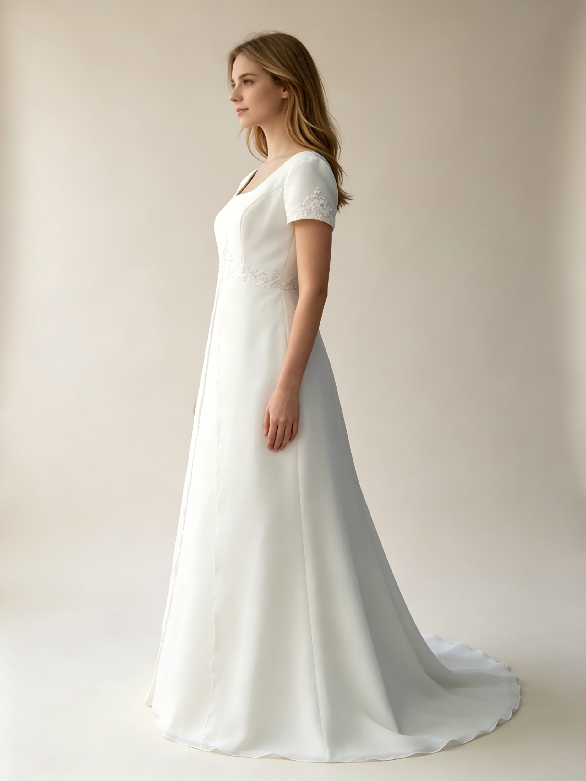 Scoop Neckline Short Sleeve Sheath Long Chiffon Wedding Dress