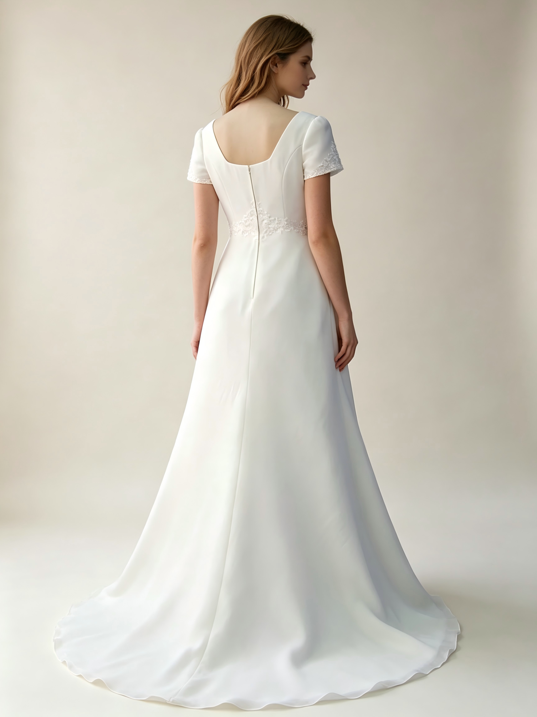 Scoop Neckline Short Sleeve Sheath Long Chiffon Wedding Dress