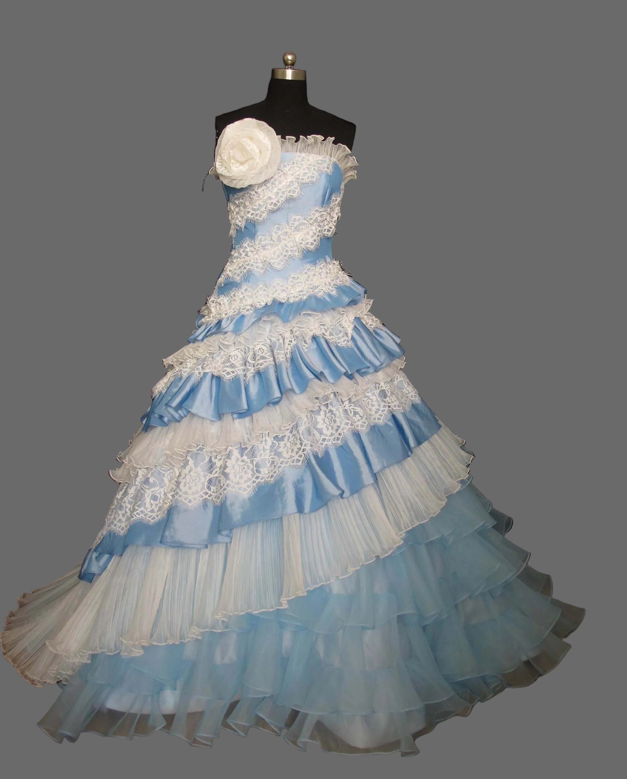 Sky Blue Quinceanera Ball Gown | Tiered Lace Wedding Dress with White Floral Detail