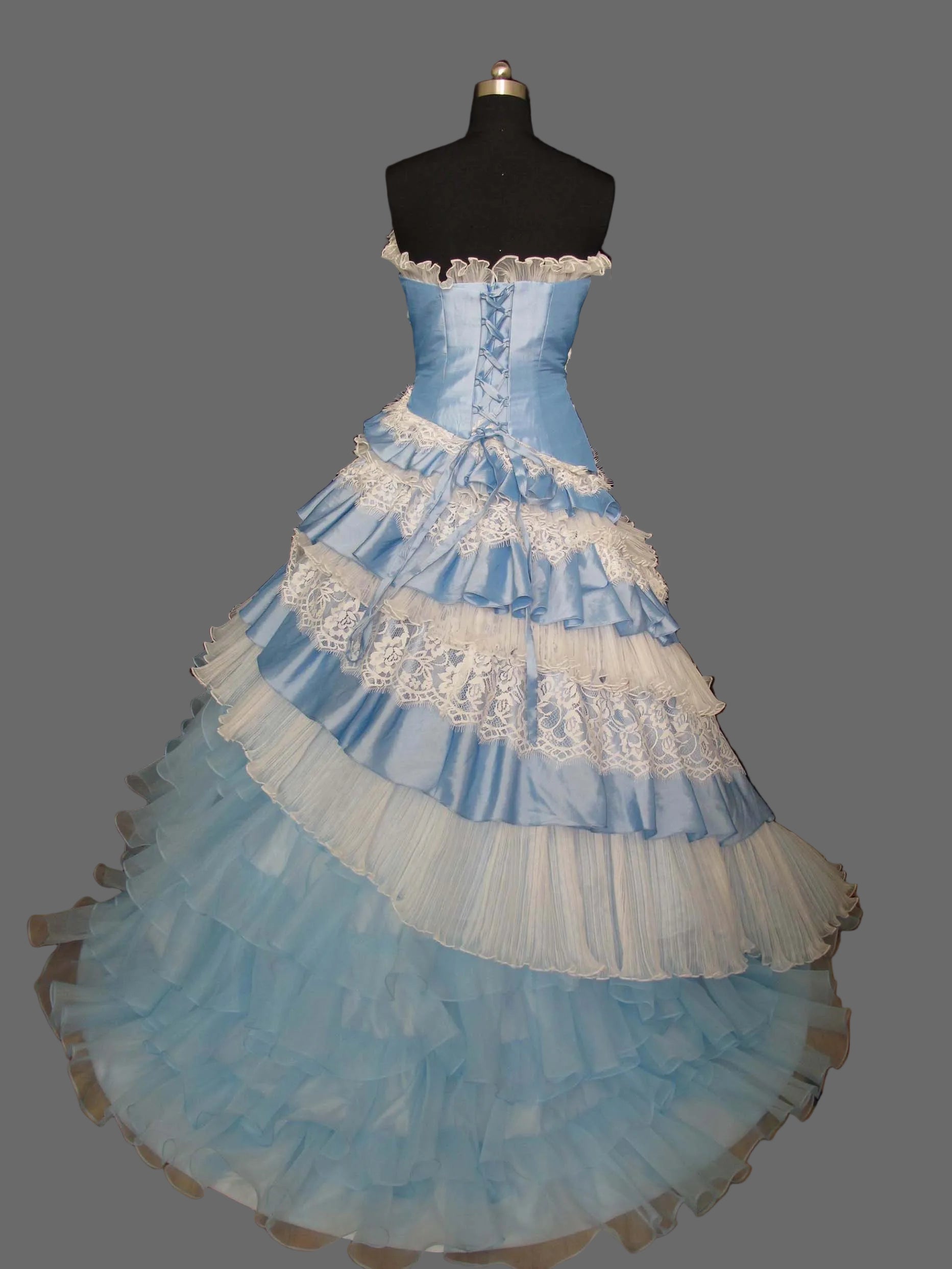 Sky Blue Quinceanera Ball Gown | Tiered Lace Wedding Dress with White Floral Detail