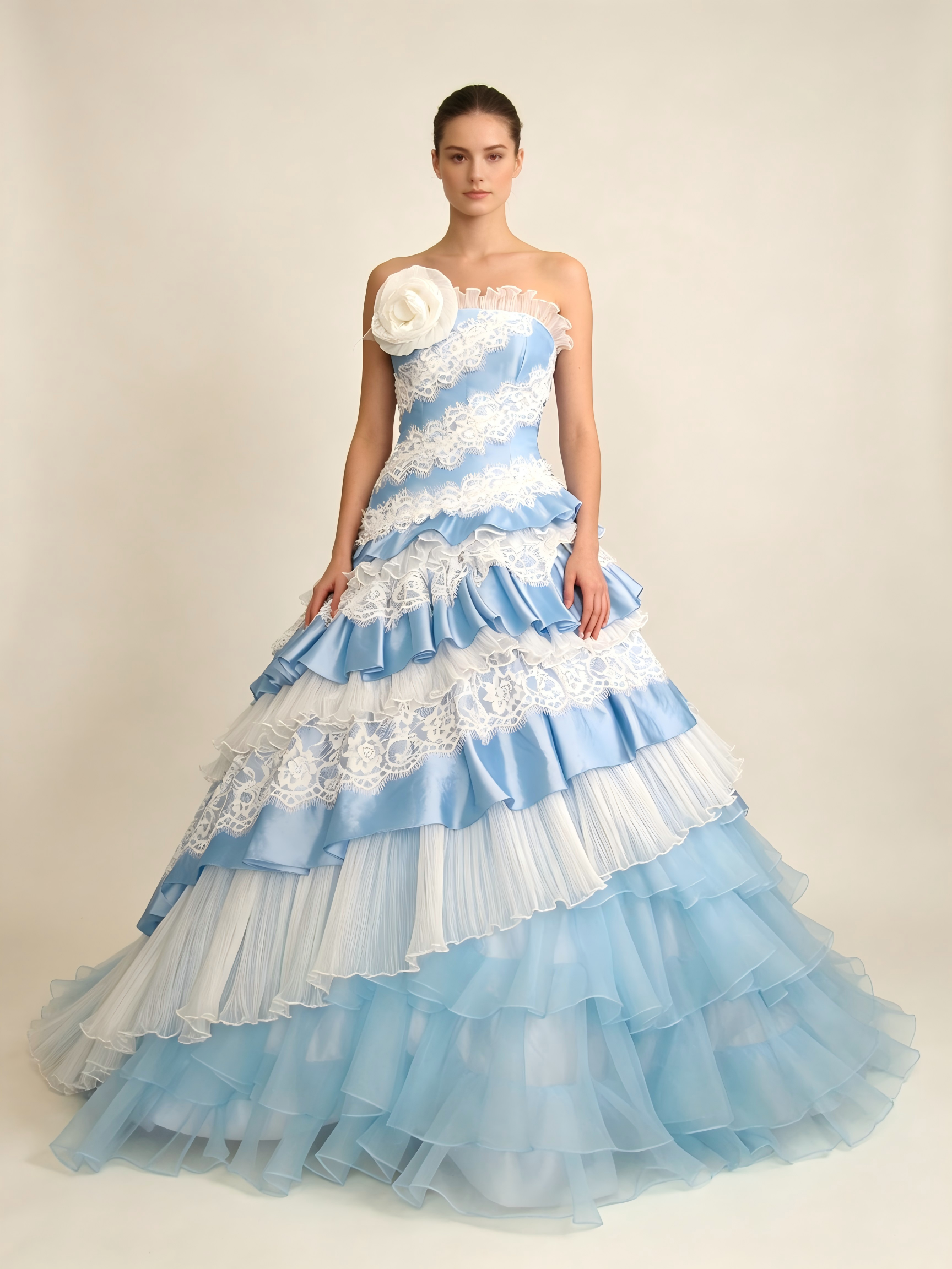 Sky Blue Quinceanera Ball Gown | Tiered Lace Wedding Dress with White Floral Detail