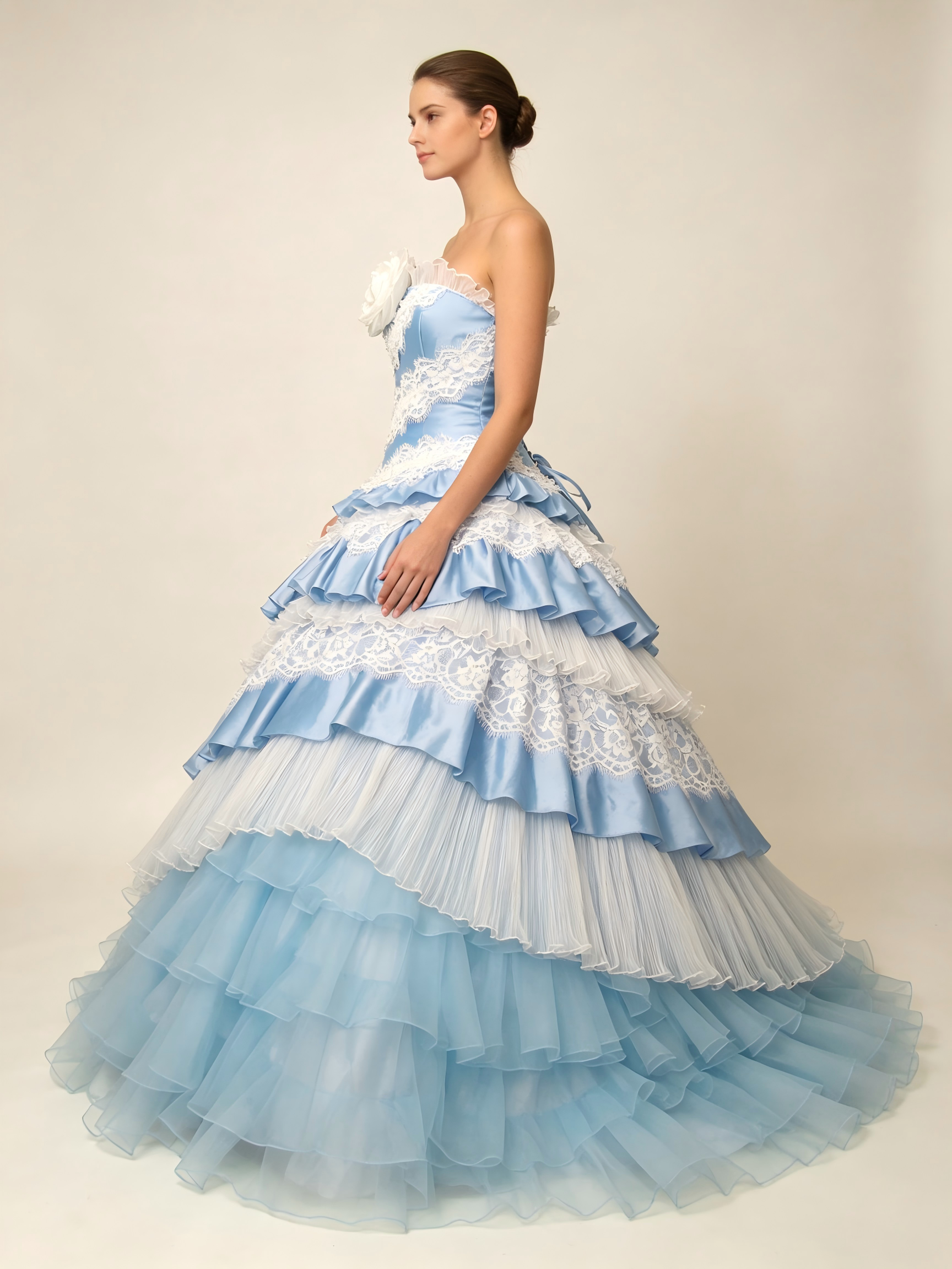 Sky Blue Quinceanera Ball Gown | Tiered Lace Wedding Dress with White Floral Detail