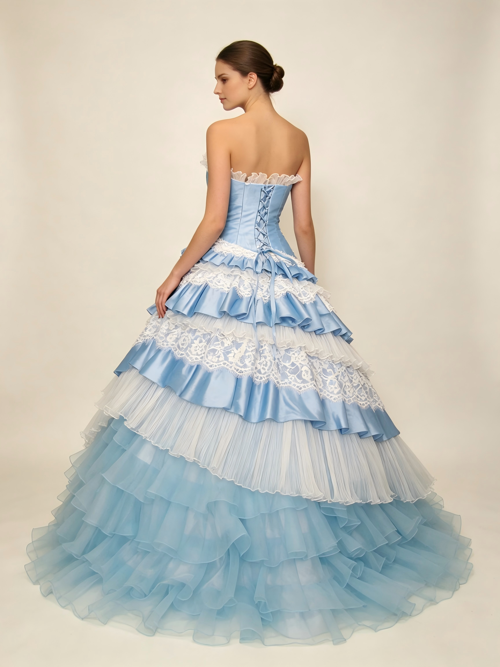 Sky Blue Quinceanera Ball Gown | Tiered Lace Wedding Dress with White Floral Detail