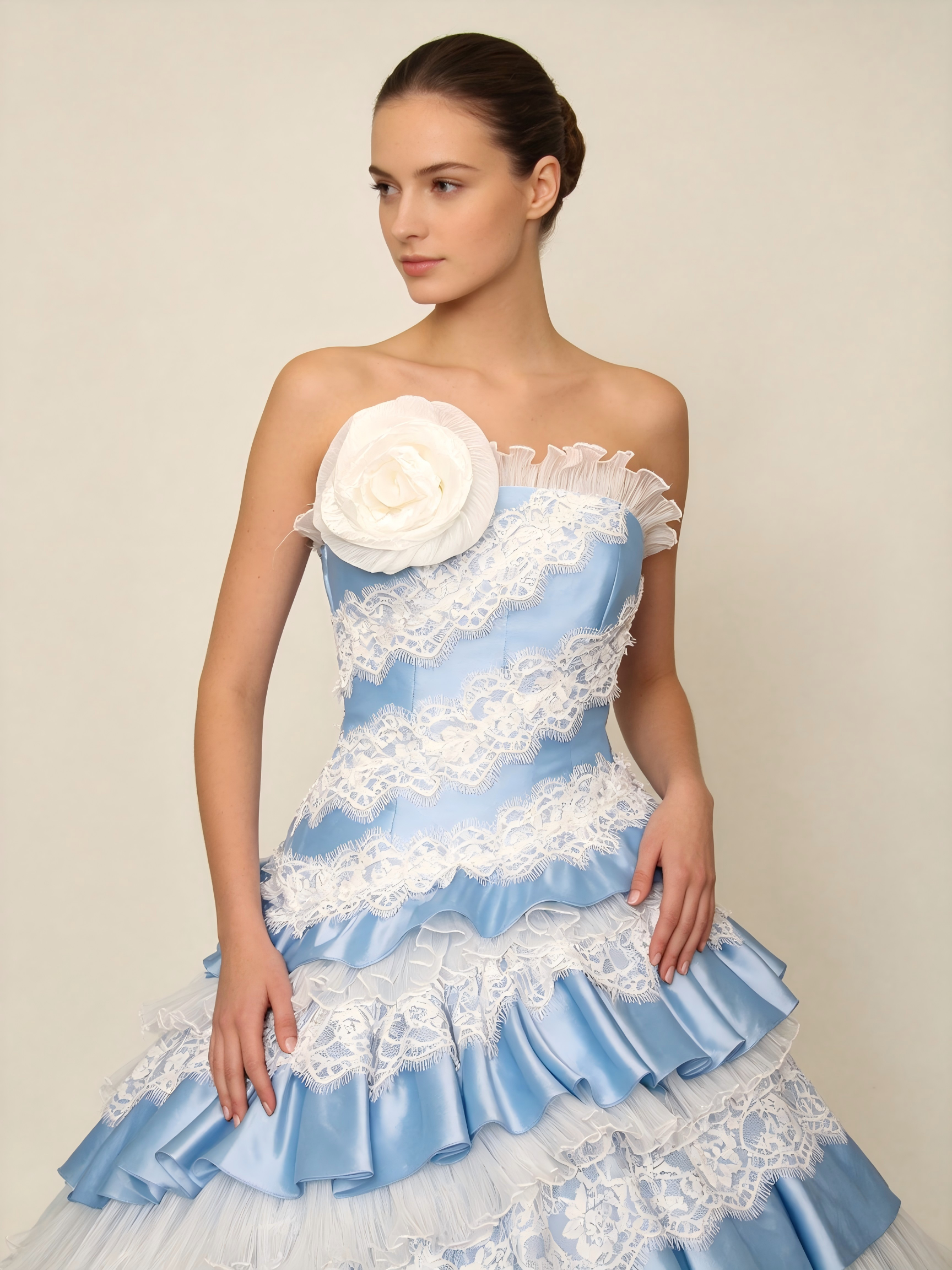 Sky Blue Quinceanera Ball Gown | Tiered Lace Wedding Dress with White Floral Detail