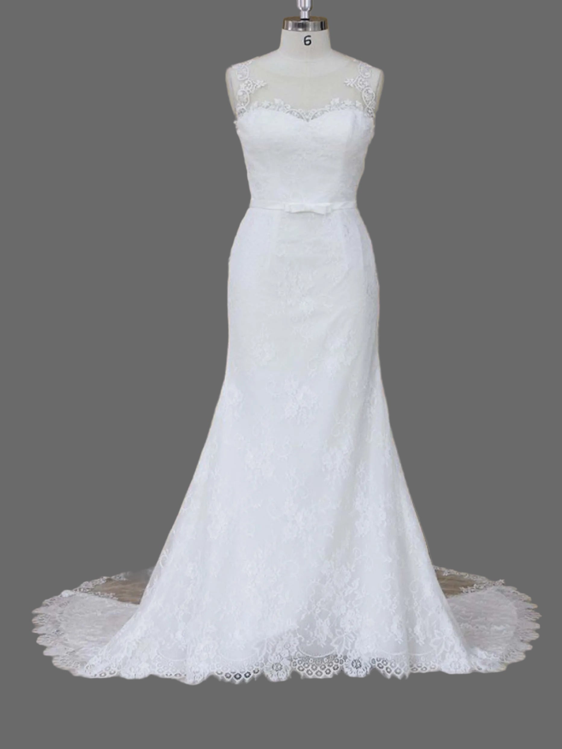 Sleeveless Mermaid Wedding Dress with Illusion Neckline Lace Appliqués and Chapel Train