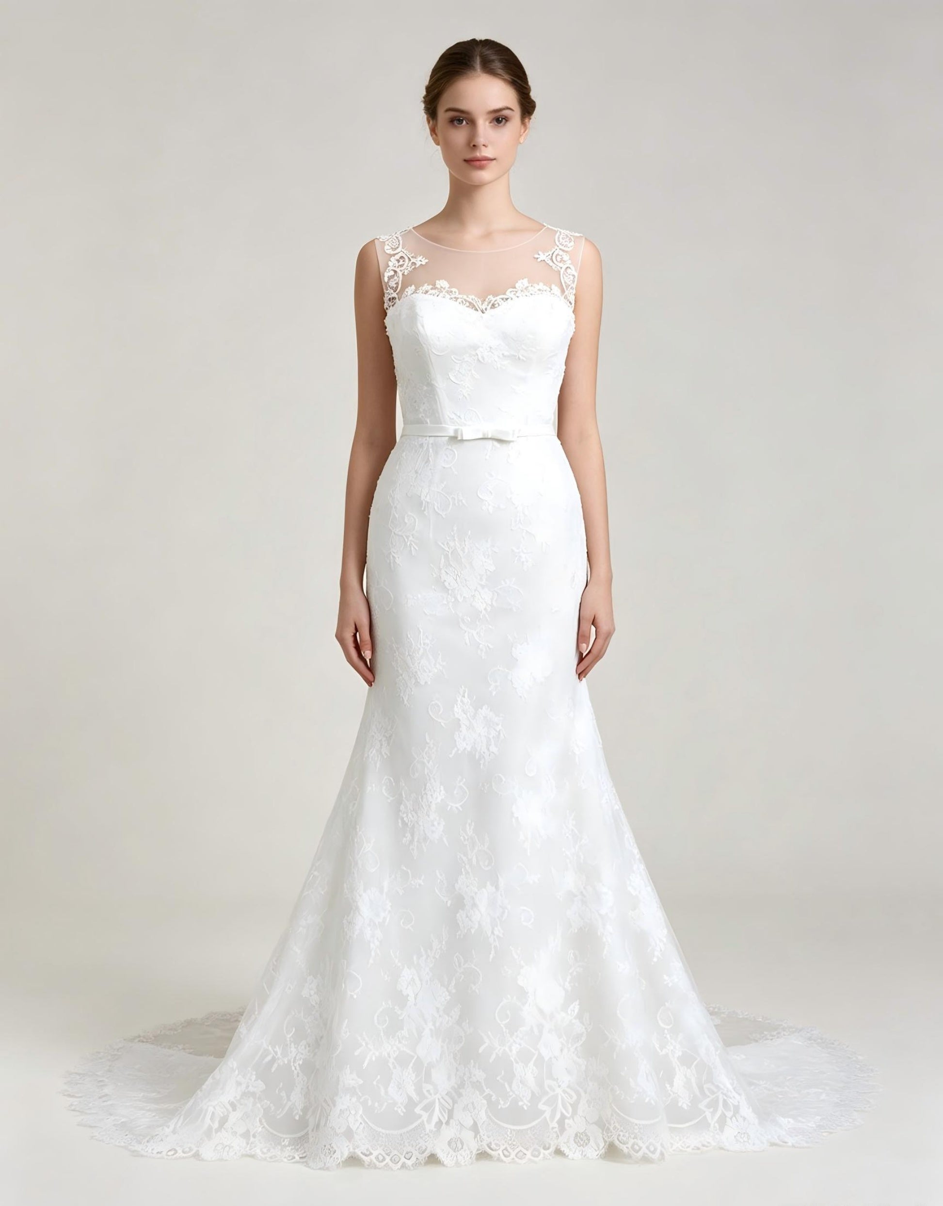Sleeveless Mermaid Wedding Dress with Illusion Neckline Lace Appliqués and Chapel Train