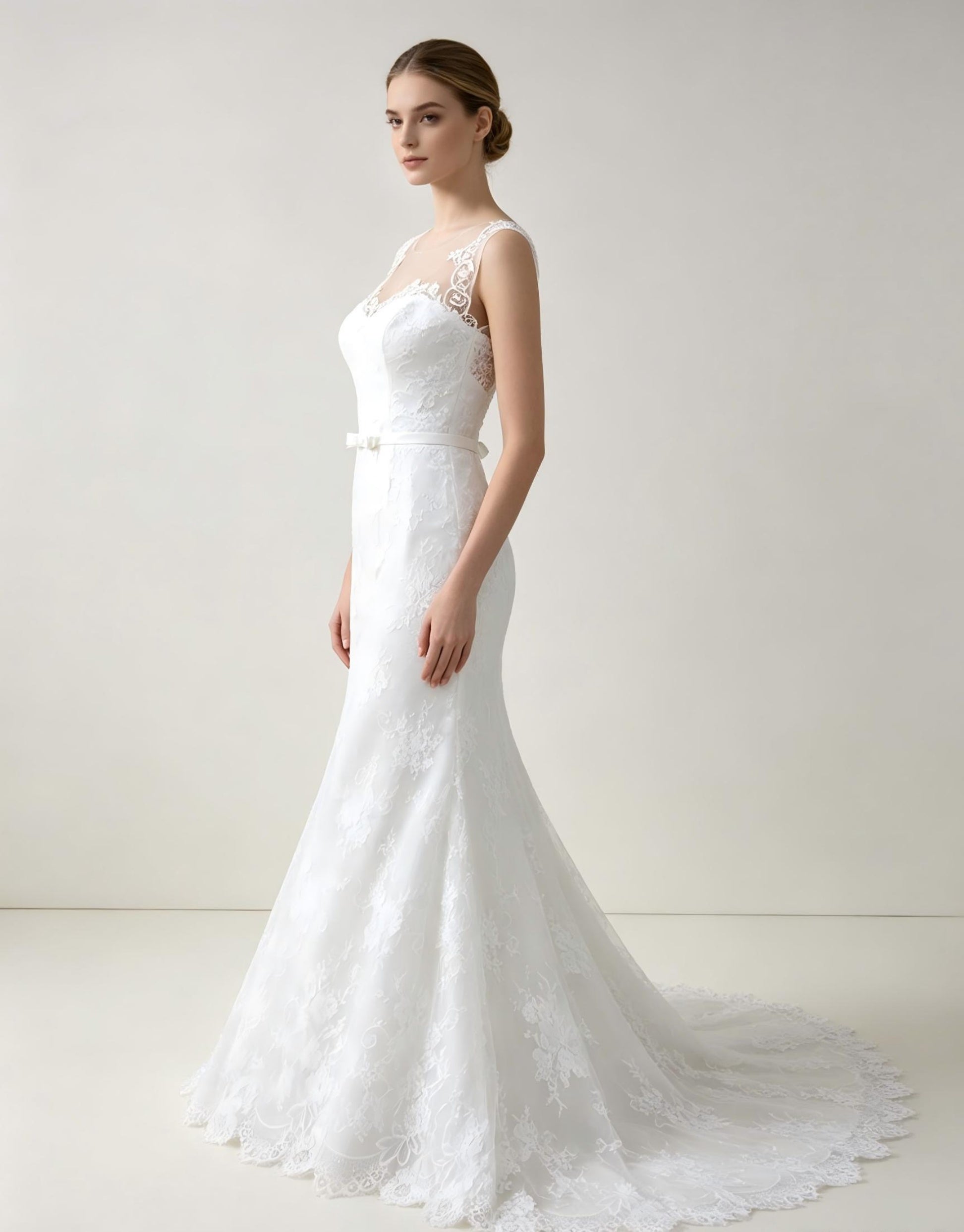 Sleeveless Mermaid Wedding Dress with Illusion Neckline Lace Appliqués and Chapel Train