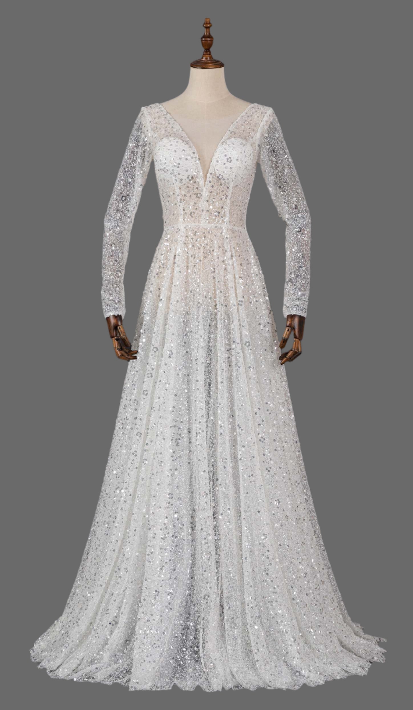 Sparkly Long Sleeve V-Neck Wedding Dress with Sequin Lace A-Line Bridal Gown