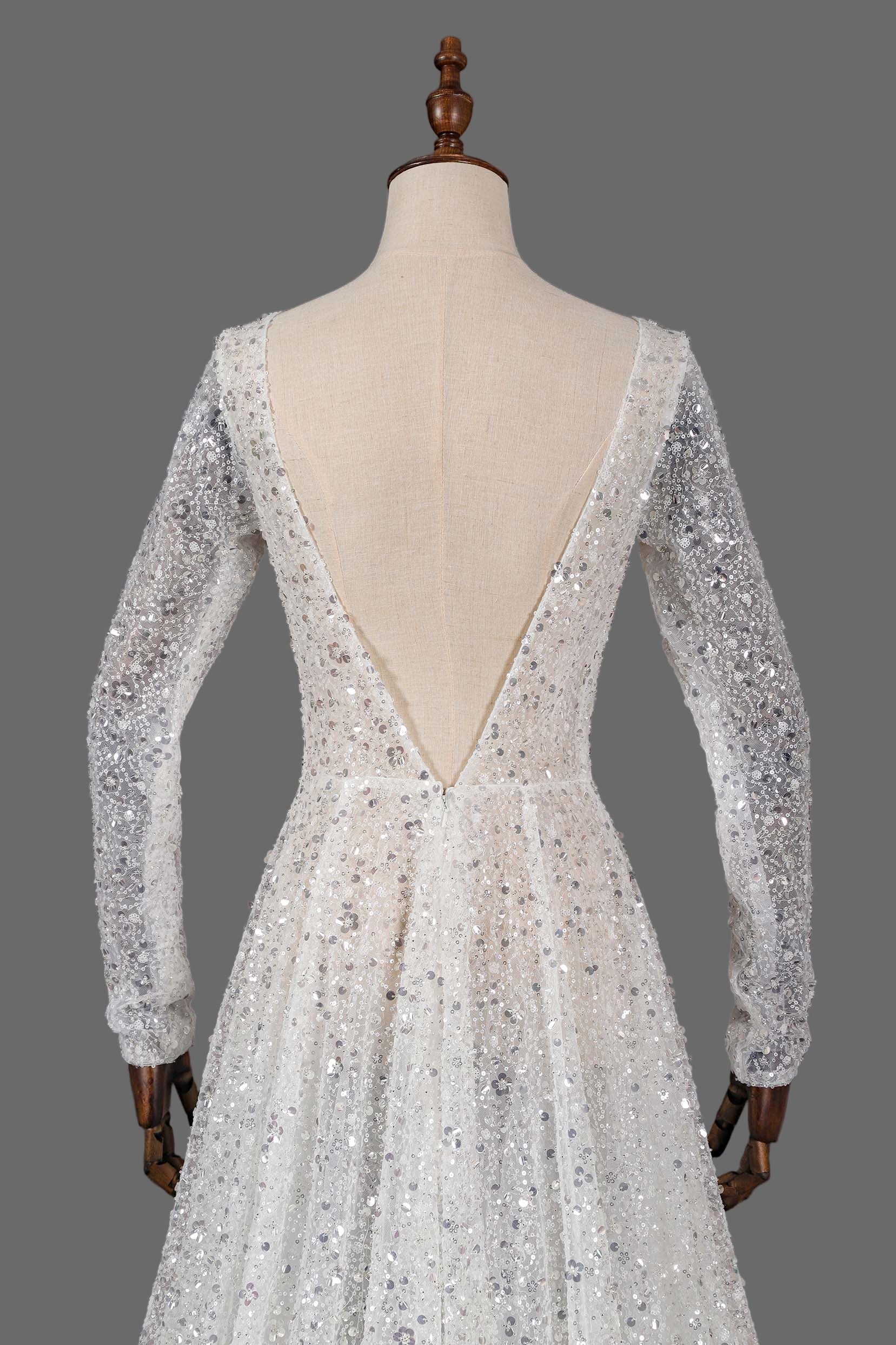 Sparkly Long Sleeve V-Neck Wedding Dress with Sequin Lace A-Line Bridal Gown