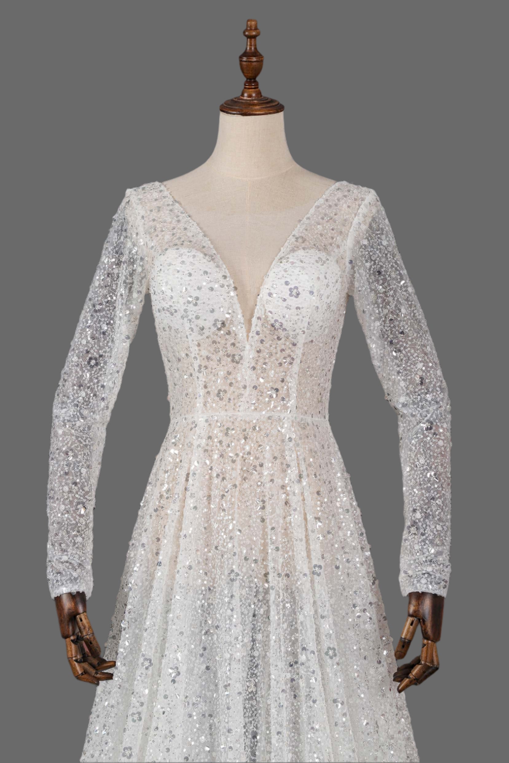 Sparkly Long Sleeve V-Neck Wedding Dress with Sequin Lace A-Line Bridal Gown