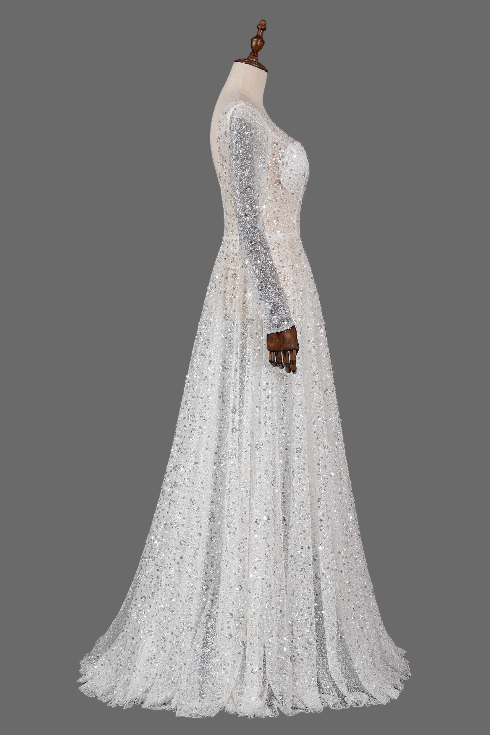 Sparkly Long Sleeve V-Neck Wedding Dress with Sequin Lace A-Line Bridal Gown