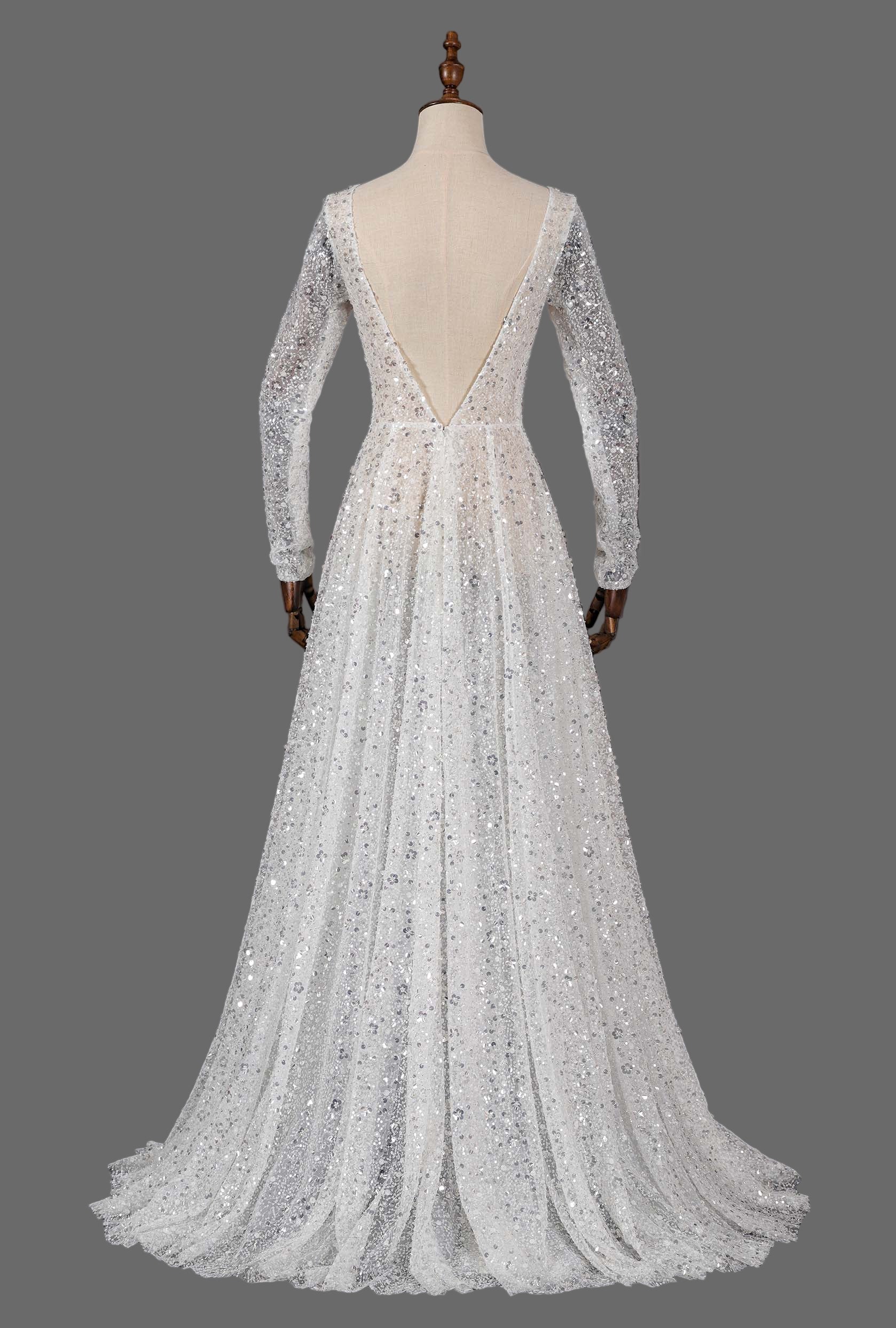 Sparkly Long Sleeve V-Neck Wedding Dress with Sequin Lace A-Line Bridal Gown