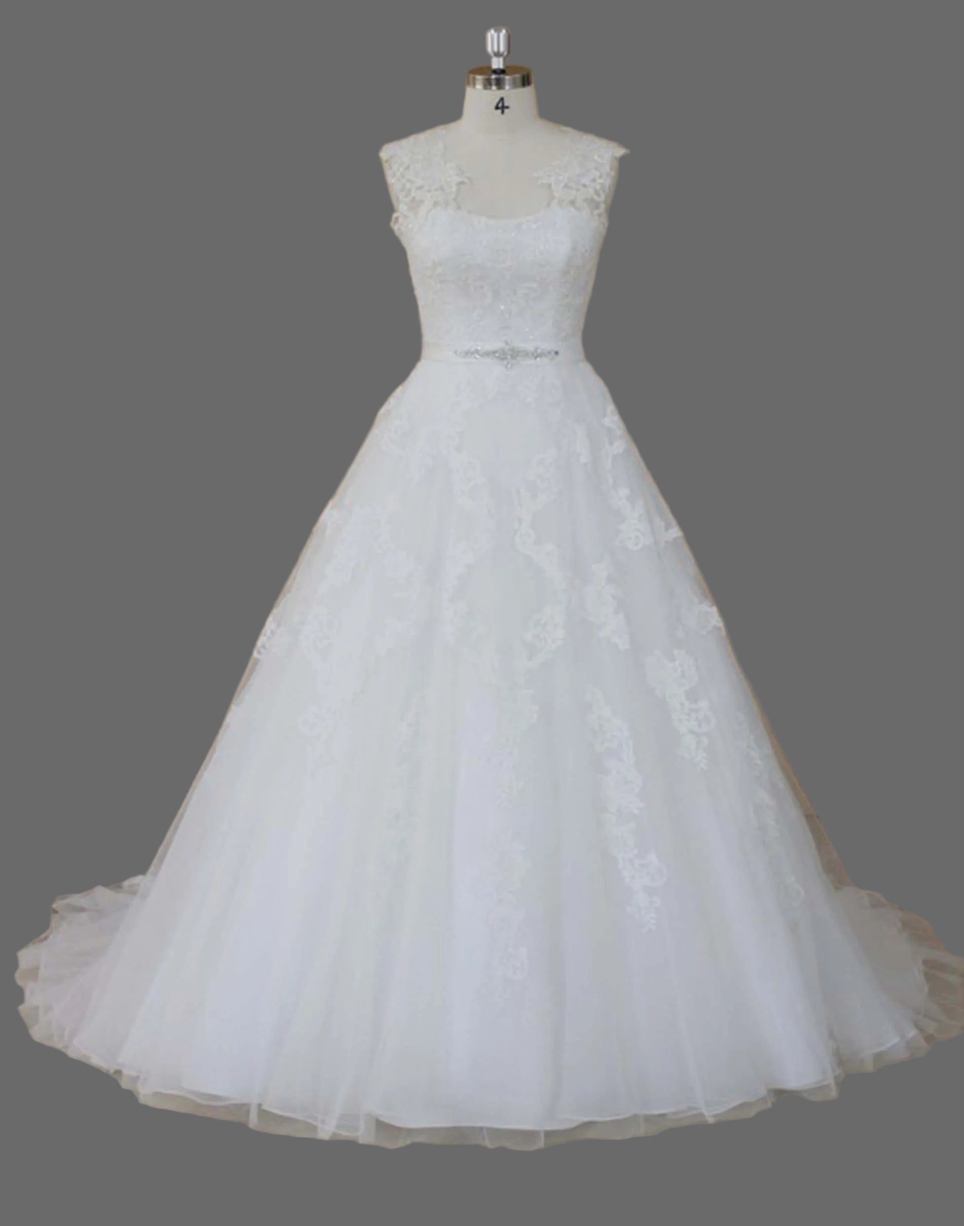 Square Neck Cap Sleeve Lace Applique Ball Gown Wedding Dress with Crystal Belt and Cathedral Train