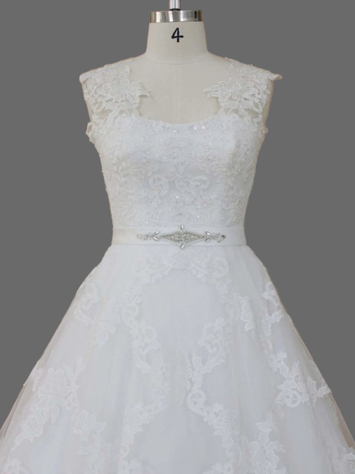 Square Neck Lace Applique Ball Gown Wedding Dress | Crystal Belt & Cathedral Train OneWedDress Square Neck Lace Applique Ball Gown Wedding Dress | Crystal Belt & Cathedral Train OneWedDress