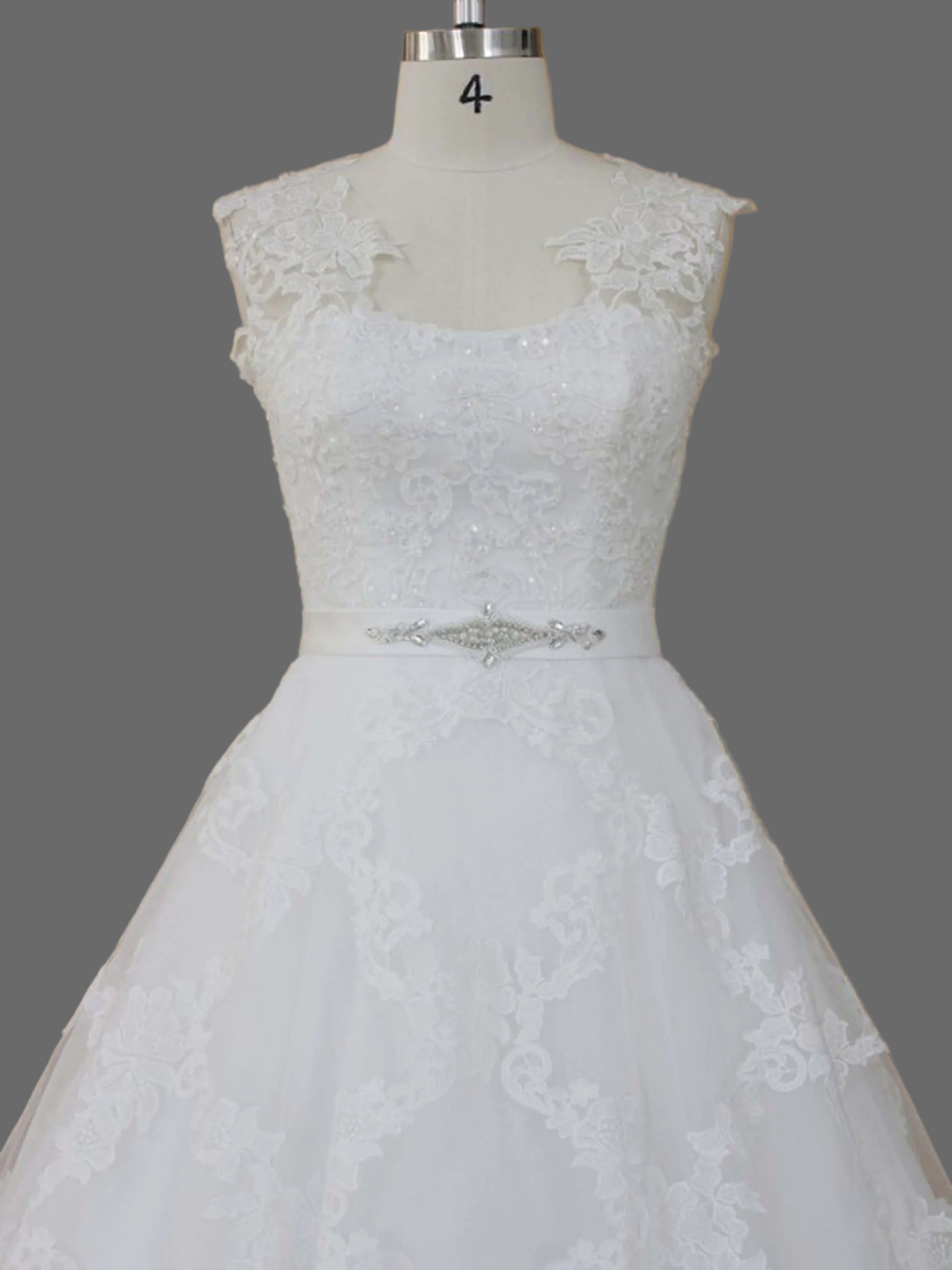 Square Neck Cap Sleeve Lace Applique Ball Gown Wedding Dress with Crystal Belt and Cathedral Train