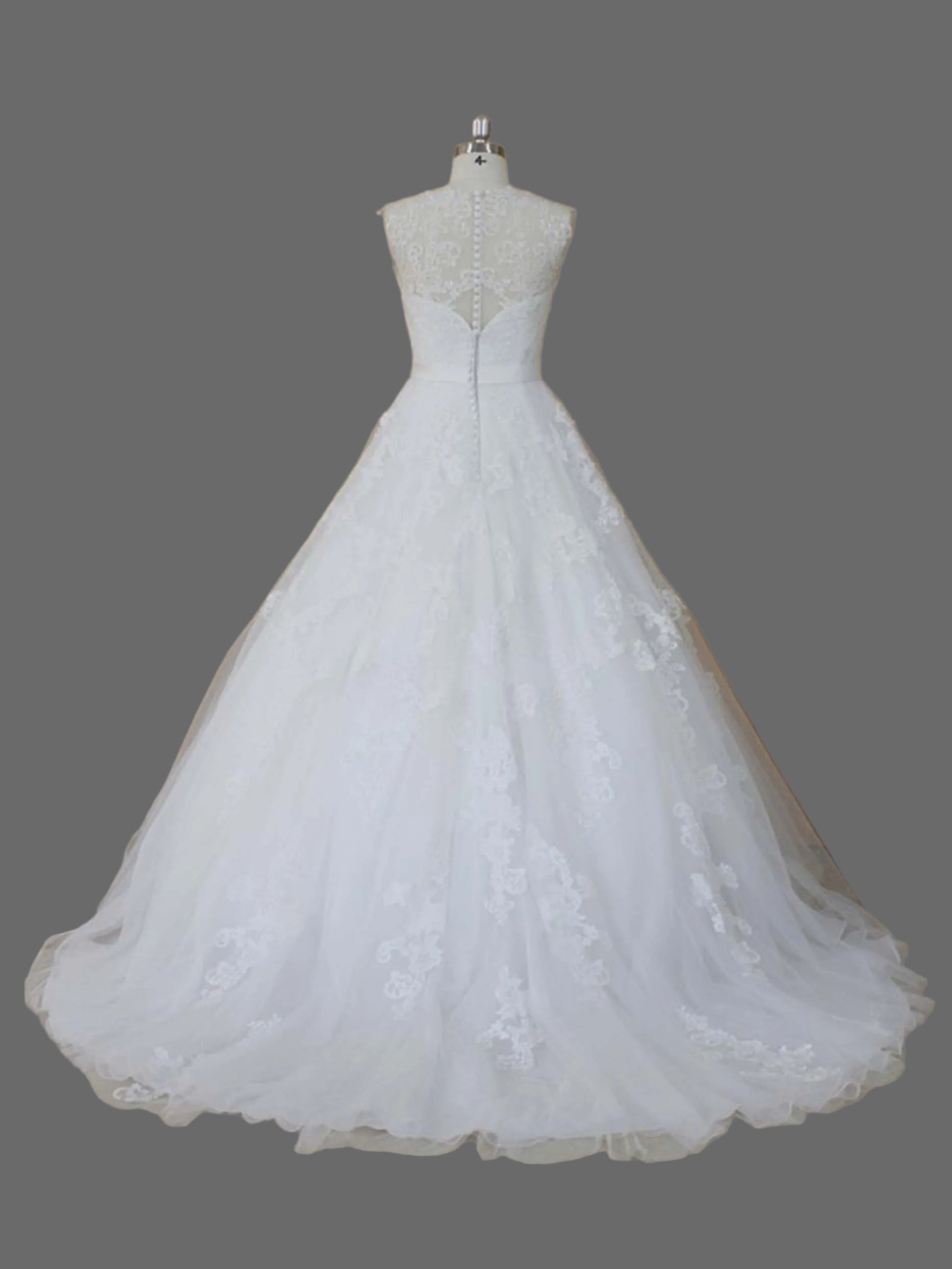 Square Neck Cap Sleeve Lace Applique Ball Gown Wedding Dress with Crystal Belt and Cathedral Train