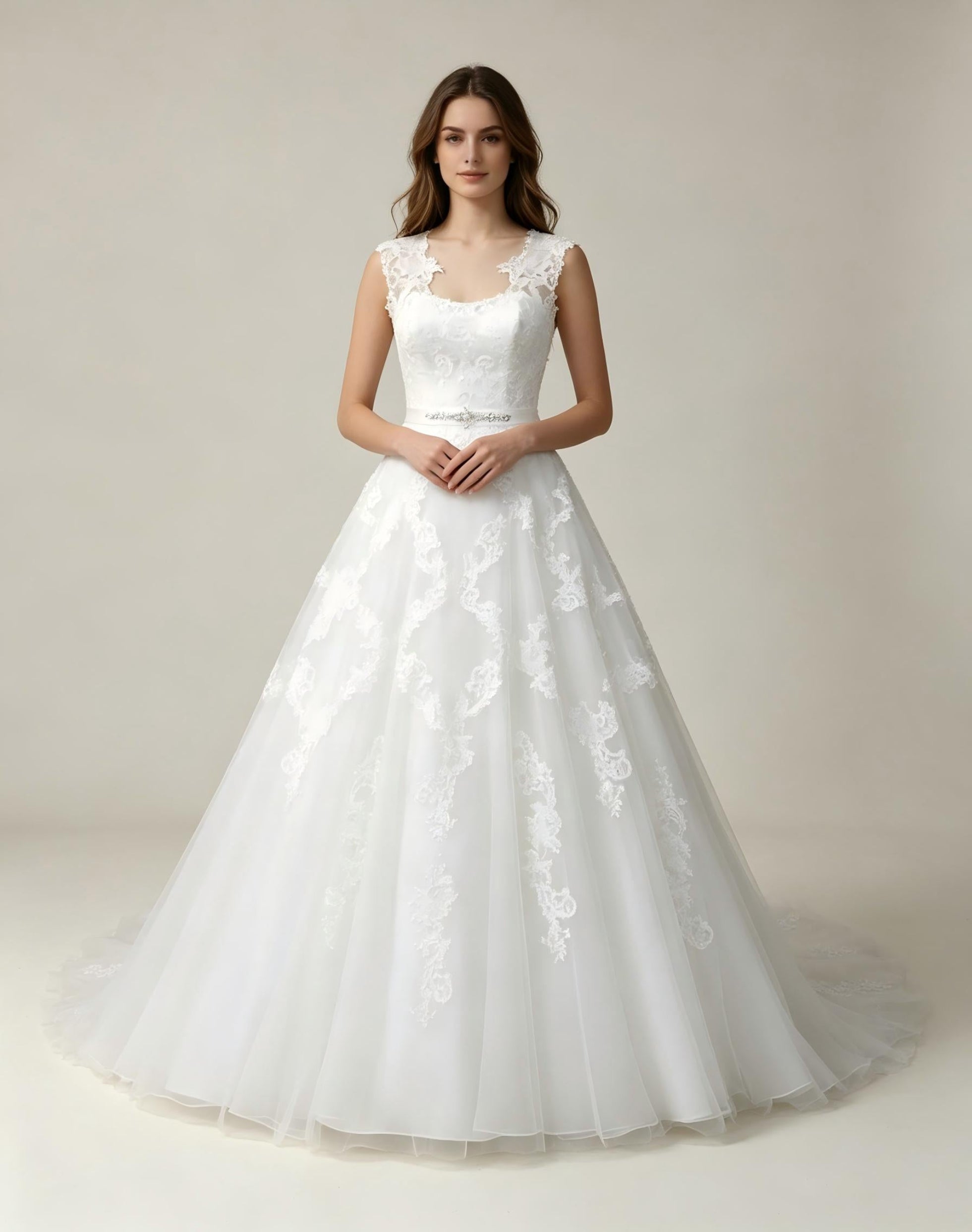 Square Neck Cap Sleeve Lace Applique Ball Gown Wedding Dress with Crystal Belt and Cathedral Train