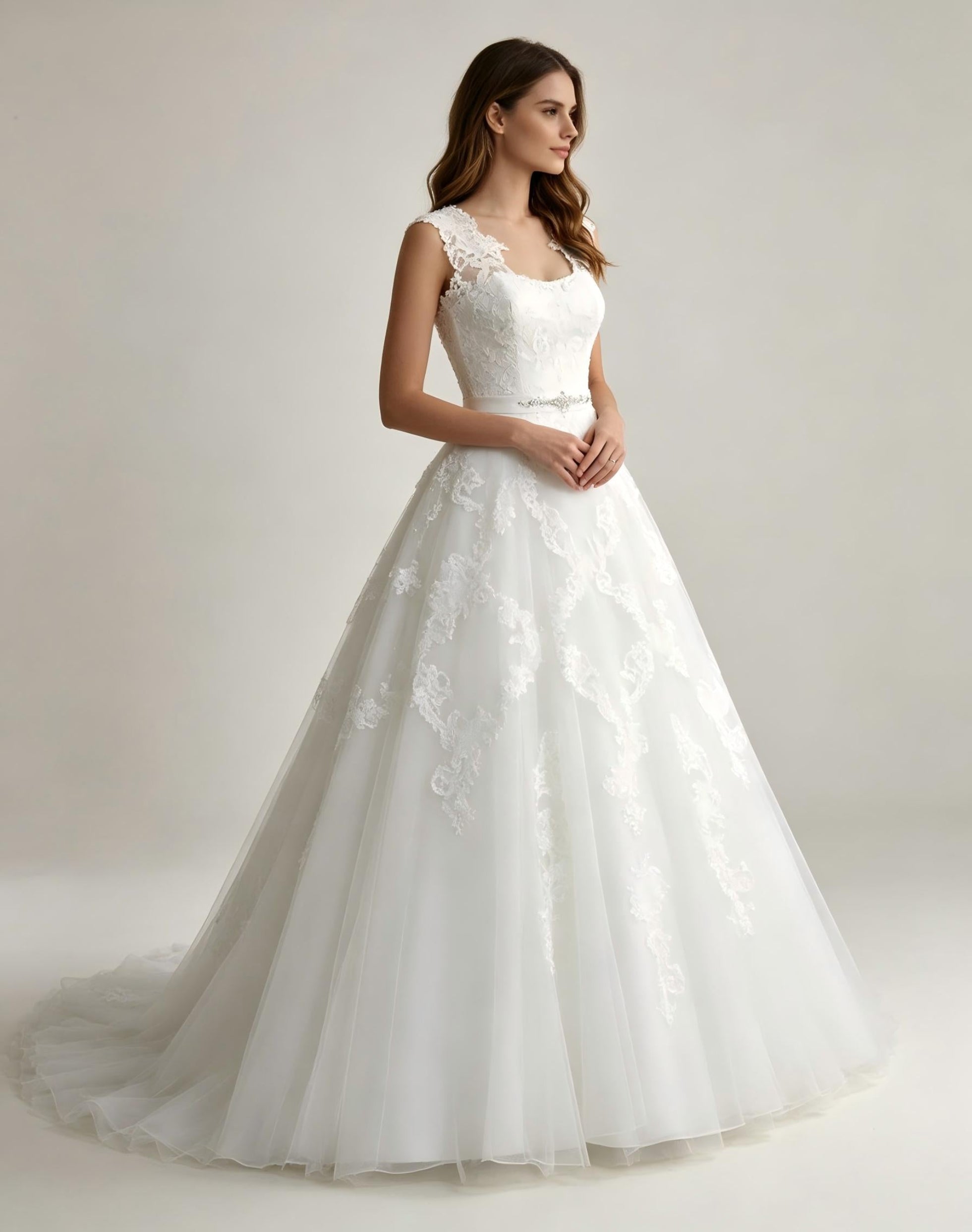 Square Neck Cap Sleeve Lace Applique Ball Gown Wedding Dress with Crystal Belt and Cathedral Train