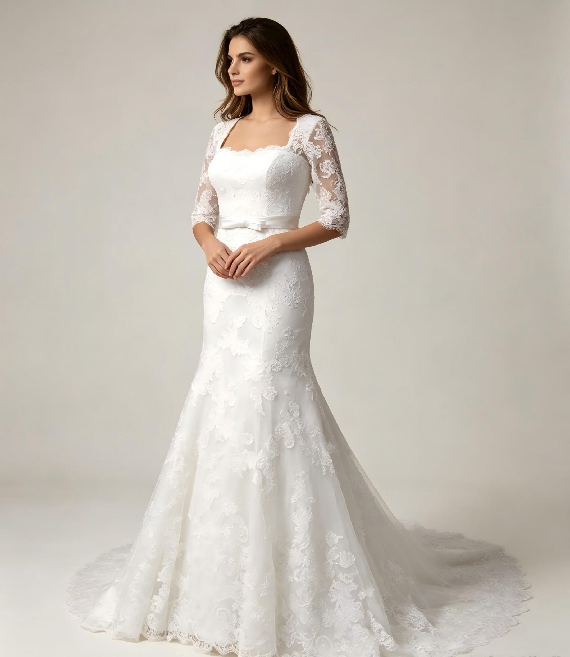 Square Neck Three Quarter Sleeve Lace A-Line Wedding Dress with Satin Sash and Scalloped Cathedral Train (Copy)