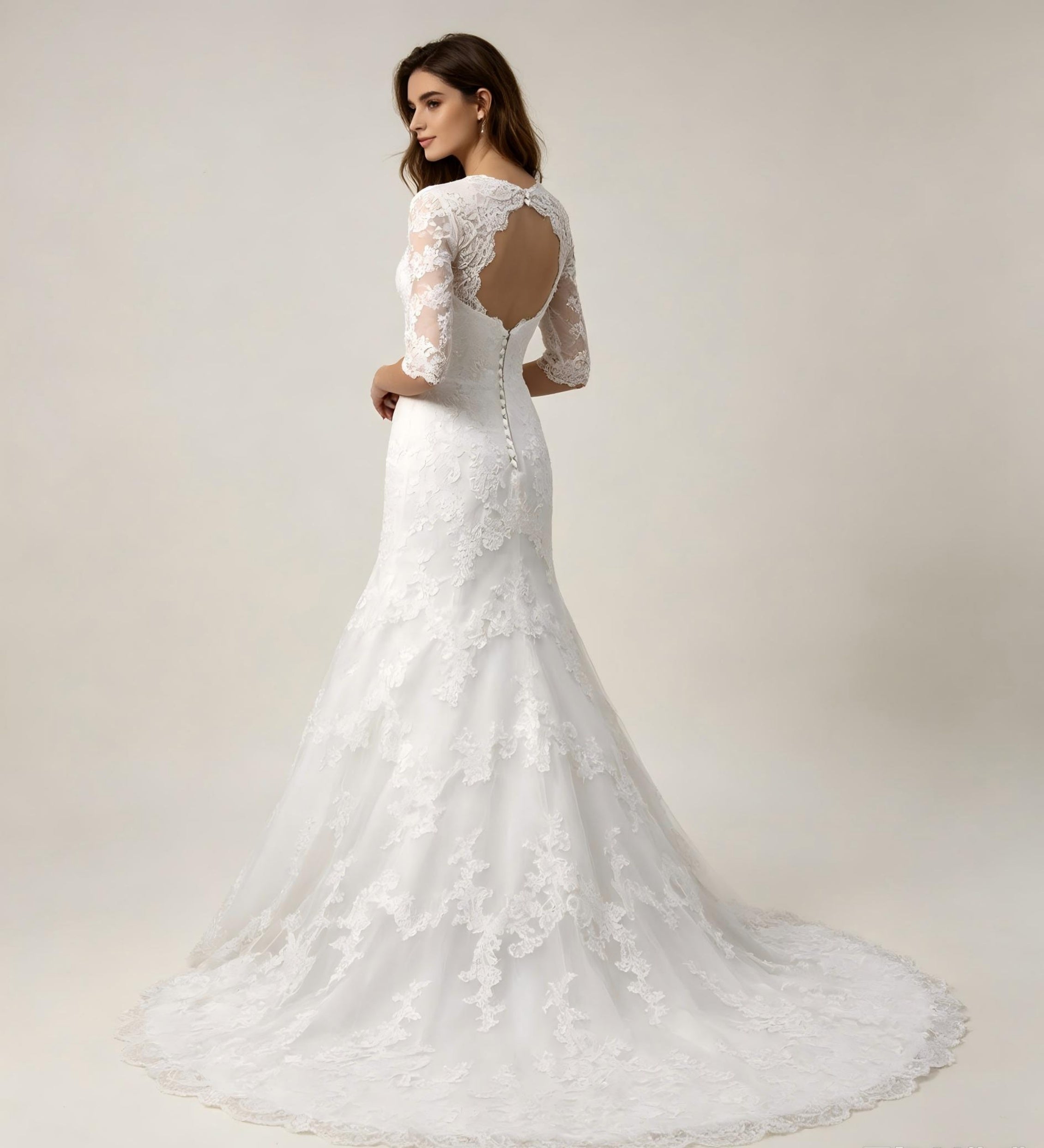 Square Neck Three Quarter Sleeve Lace A-Line Wedding Dress with Satin Sash and Scalloped Cathedral Train (Copy)
