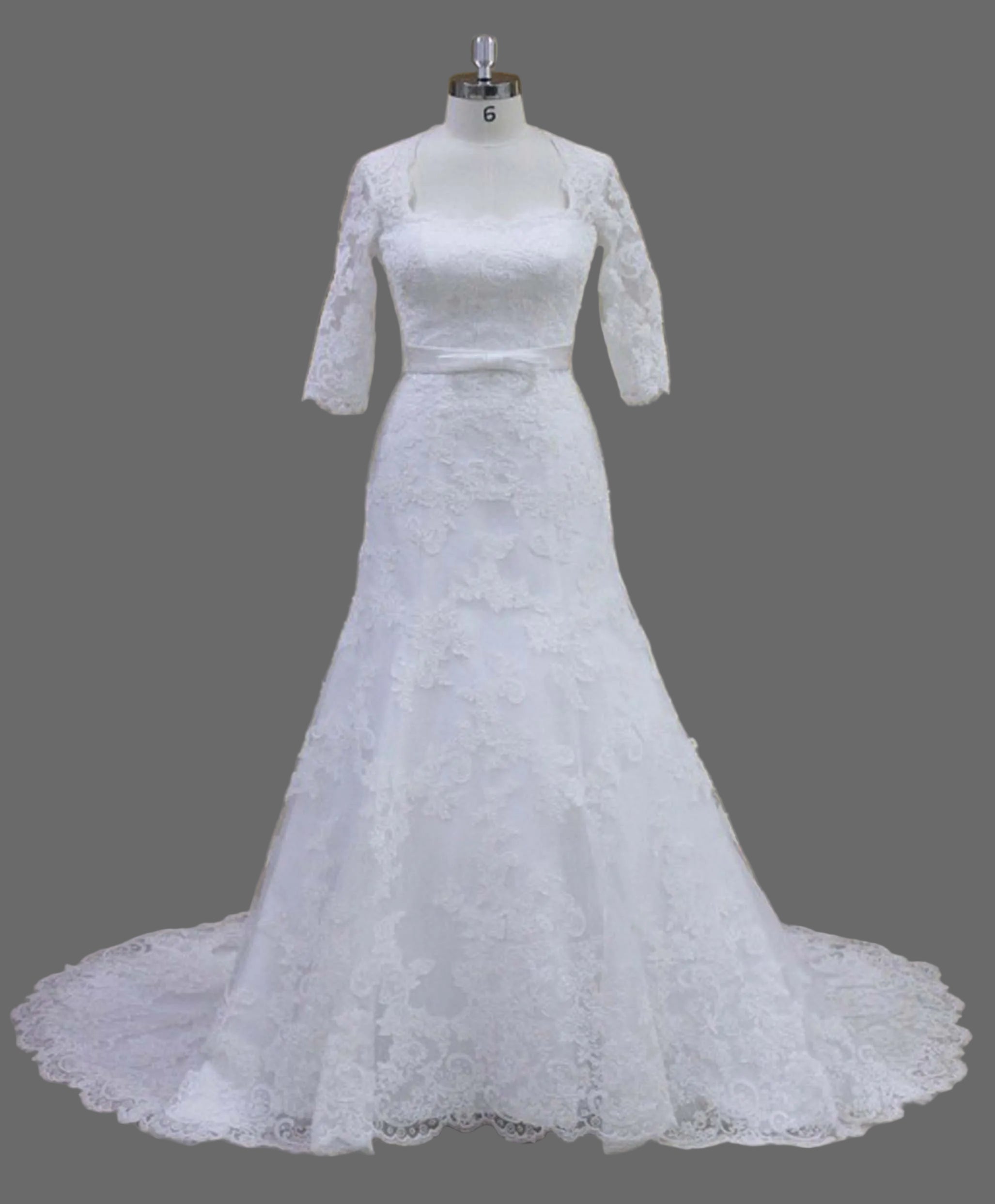Square Neck Three Quarter Sleeve Lace A-Line Wedding Dress with Satin Sash and Scalloped Cathedral Train