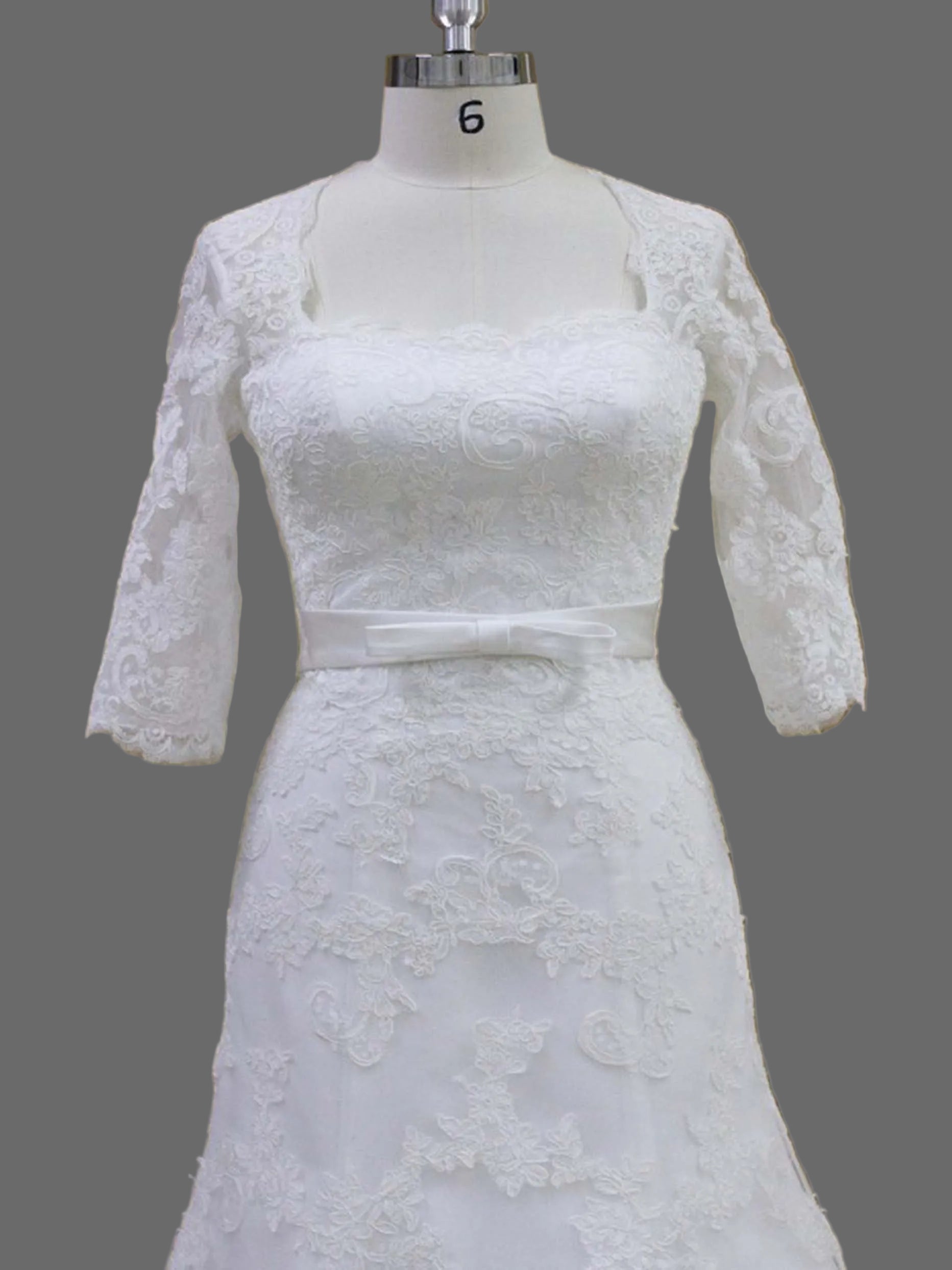 Square Neck Three Quarter Sleeve Lace A-Line Wedding Dress with Satin Sash and Scalloped Cathedral Train