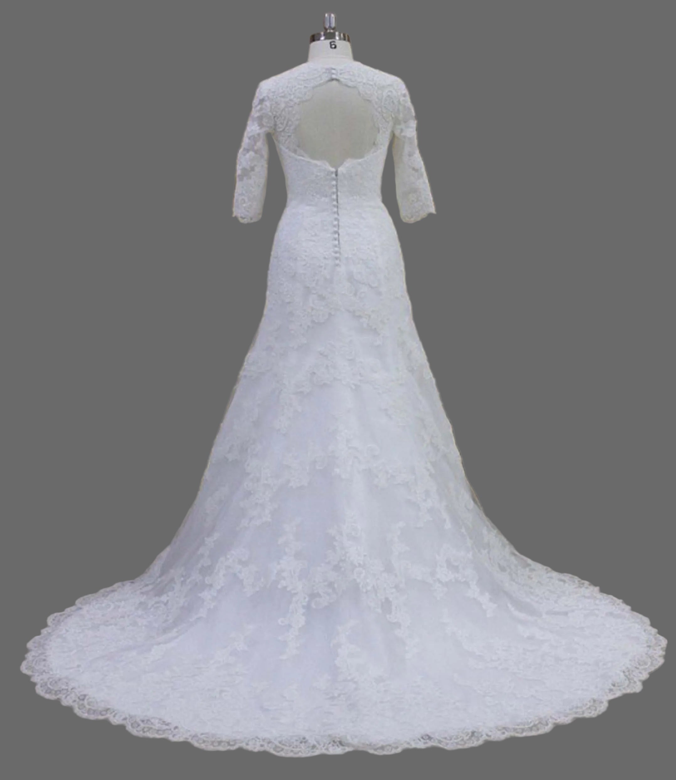 Square Neck Three Quarter Sleeve Lace A-Line Wedding Dress with Satin Sash and Scalloped Cathedral Train