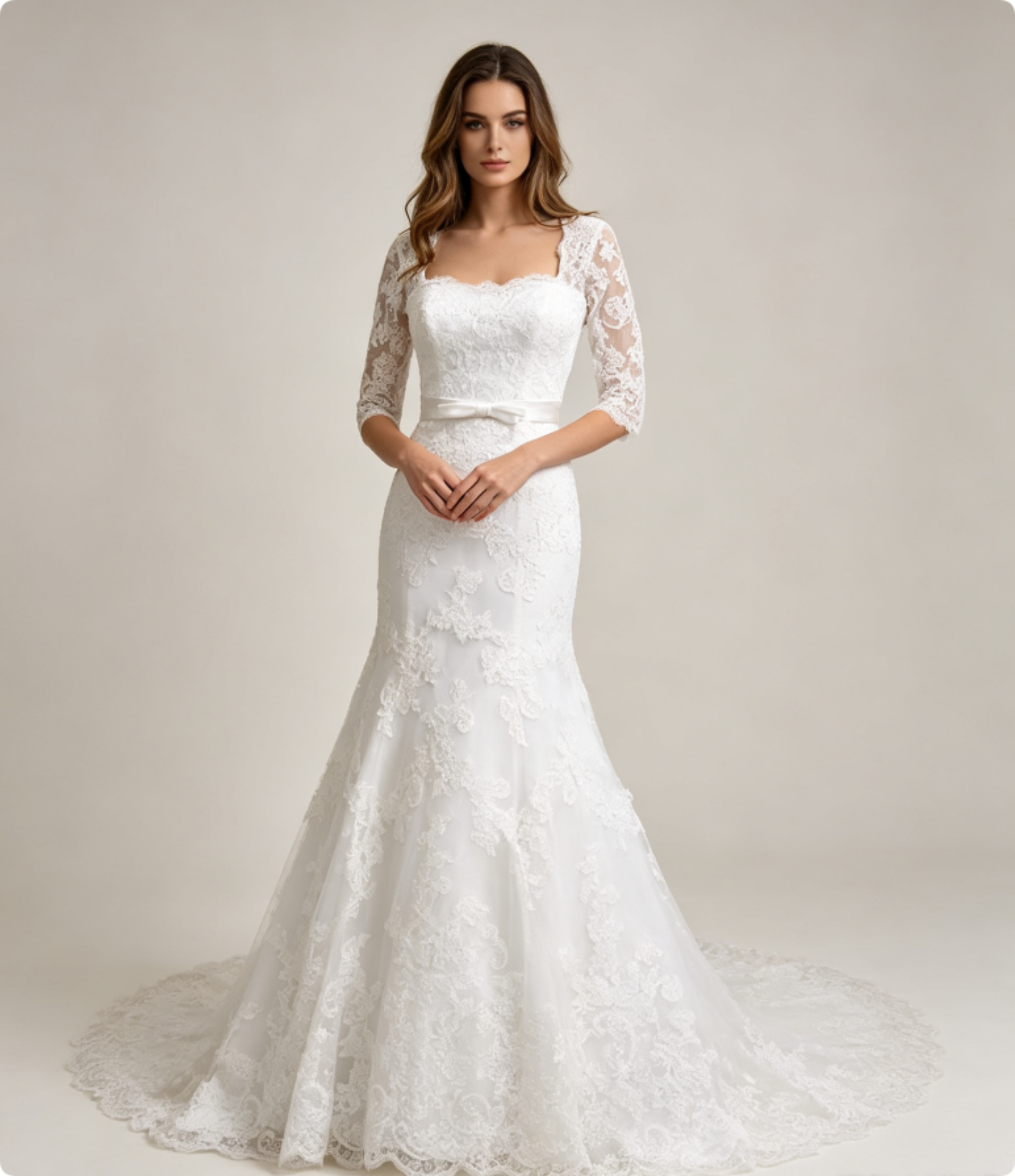 Square Neck Three Quarter Sleeve Lace A-Line Wedding Dress with Satin Sash and Scalloped Cathedral Train (Copy)