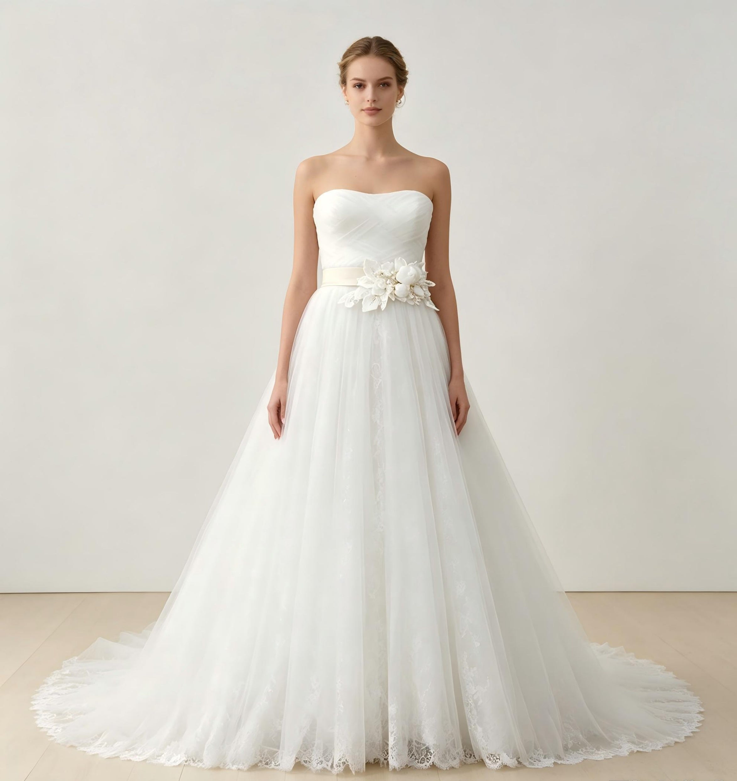 Strapless A-Line Wedding Dress with 3D Floral Sash & Tulle Skirt - Simple Elegant Bridal Gown