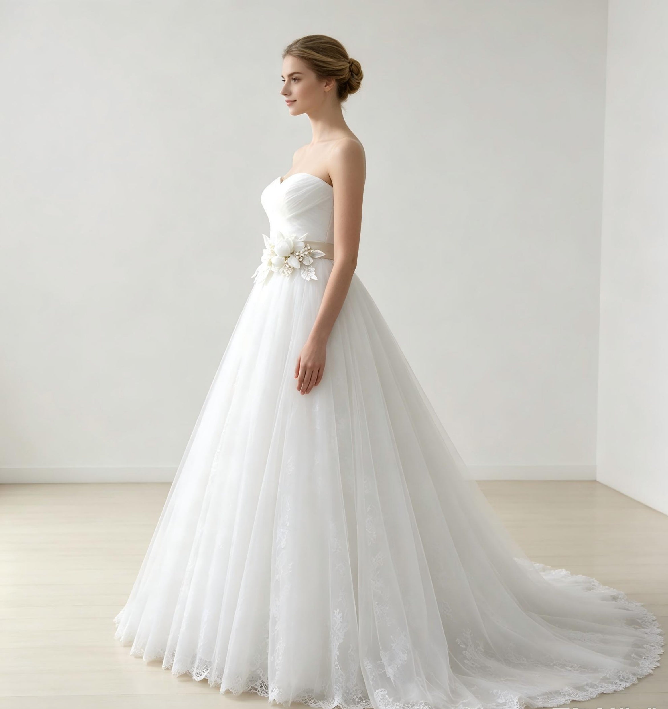 Strapless A-Line Wedding Dress with 3D Floral Sash & Tulle Skirt - Simple Elegant Bridal Gown