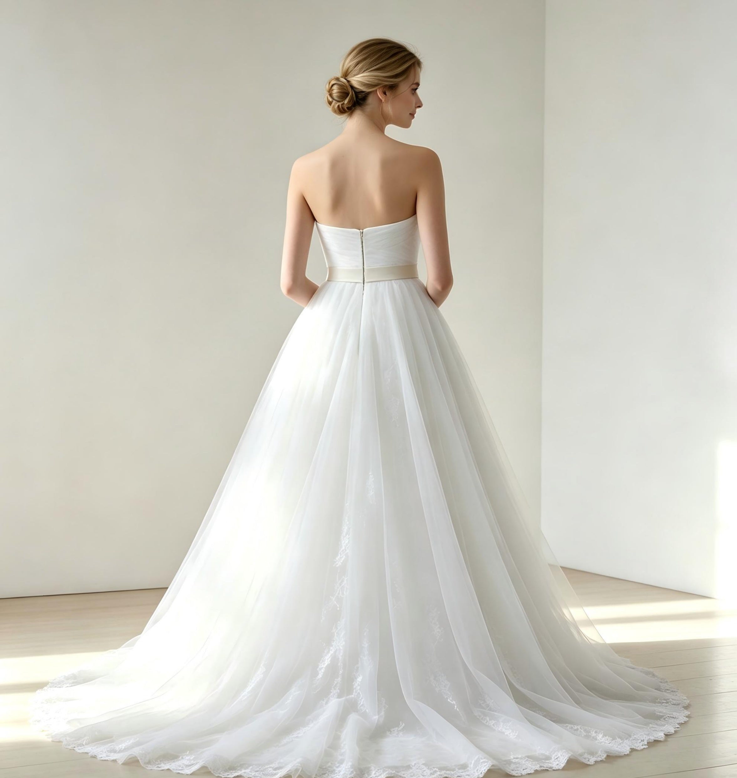 Strapless A-Line Wedding Dress with 3D Floral Sash & Tulle Skirt - Simple Elegant Bridal Gown