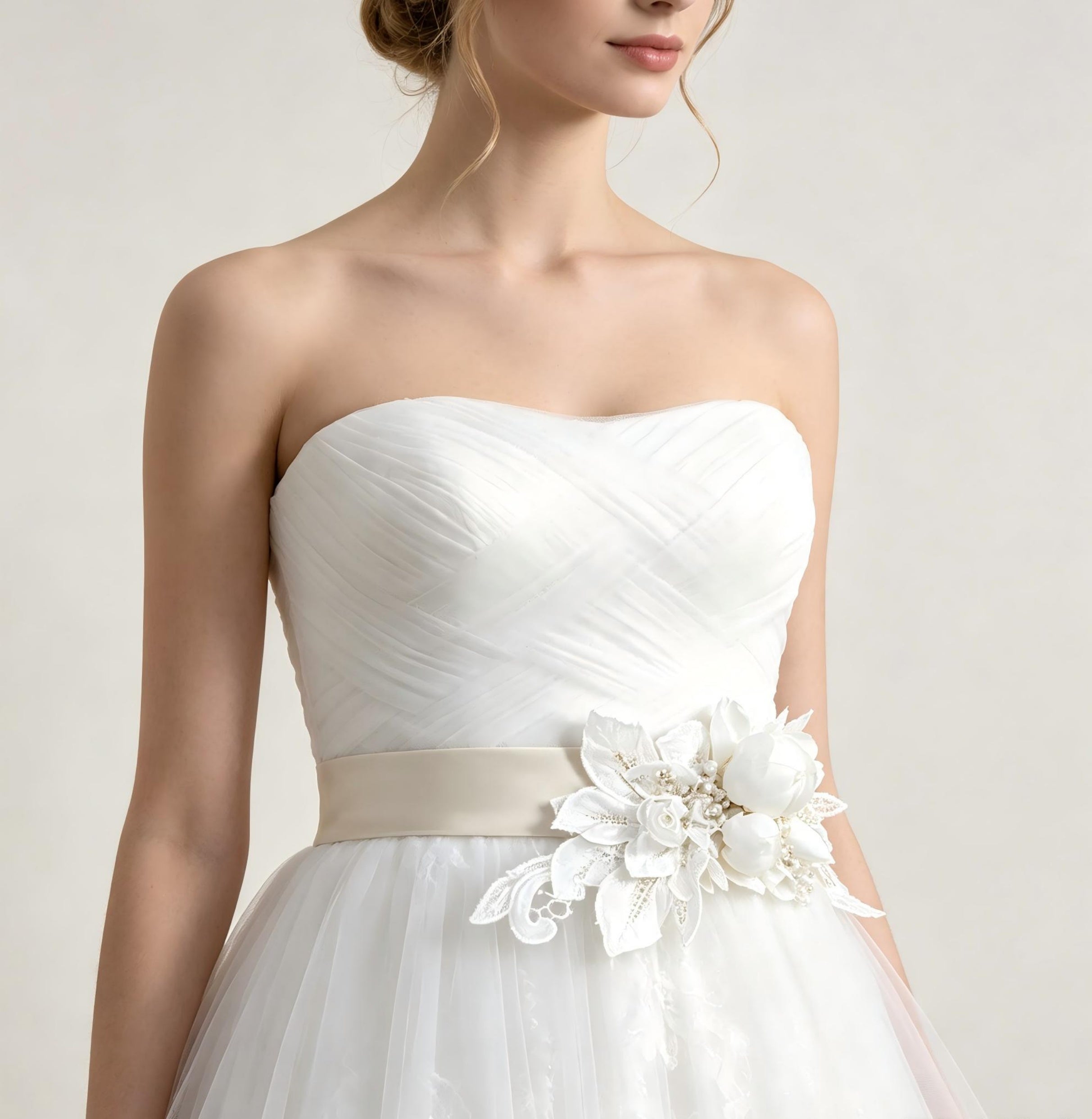 Strapless A-Line Wedding Dress with 3D Floral Sash & Tulle Skirt - Simple Elegant Bridal Gown