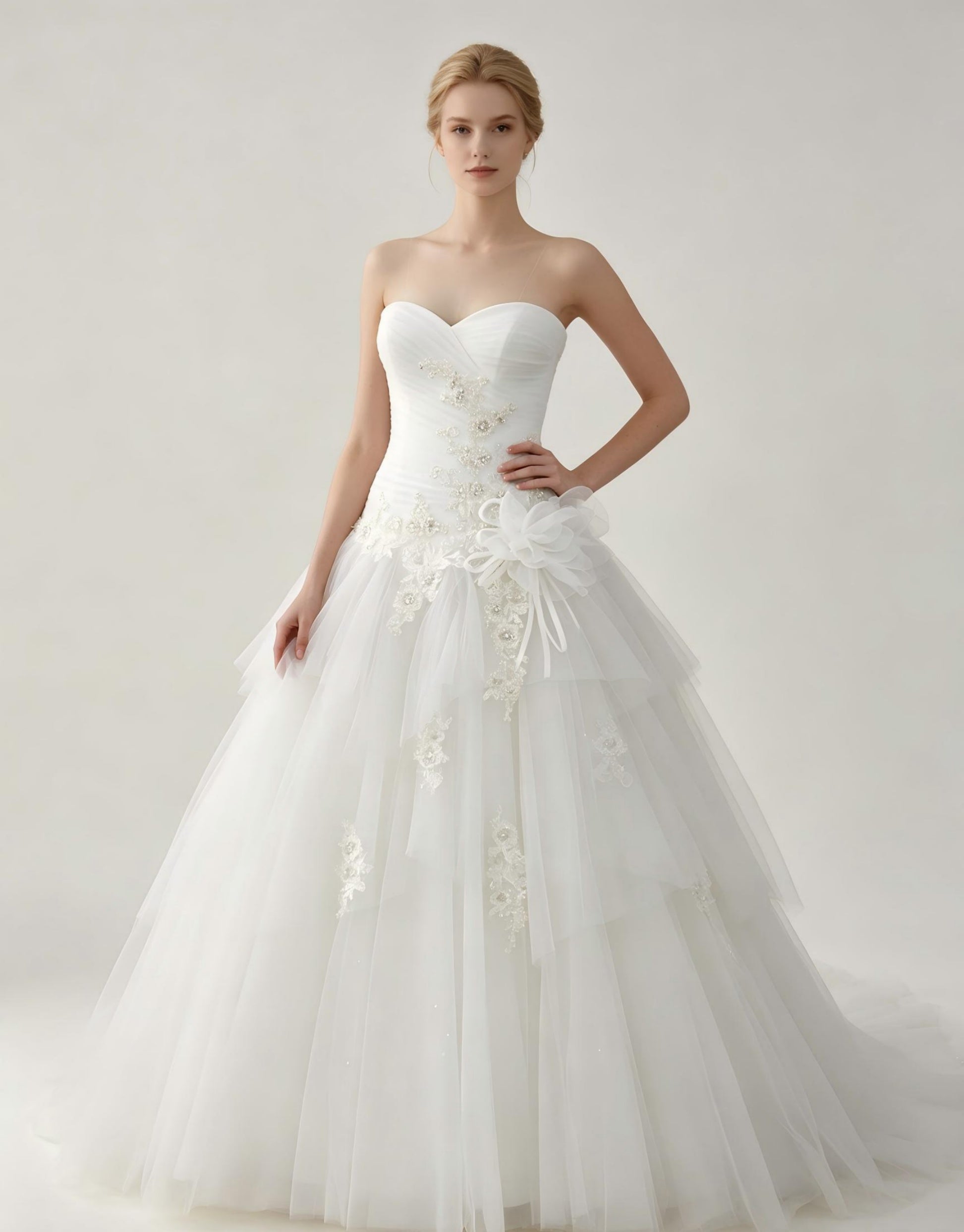 Strapless A-Line Wedding Dress with 3D Floral Tulle Skirt - Chapel Train Bridal Gown