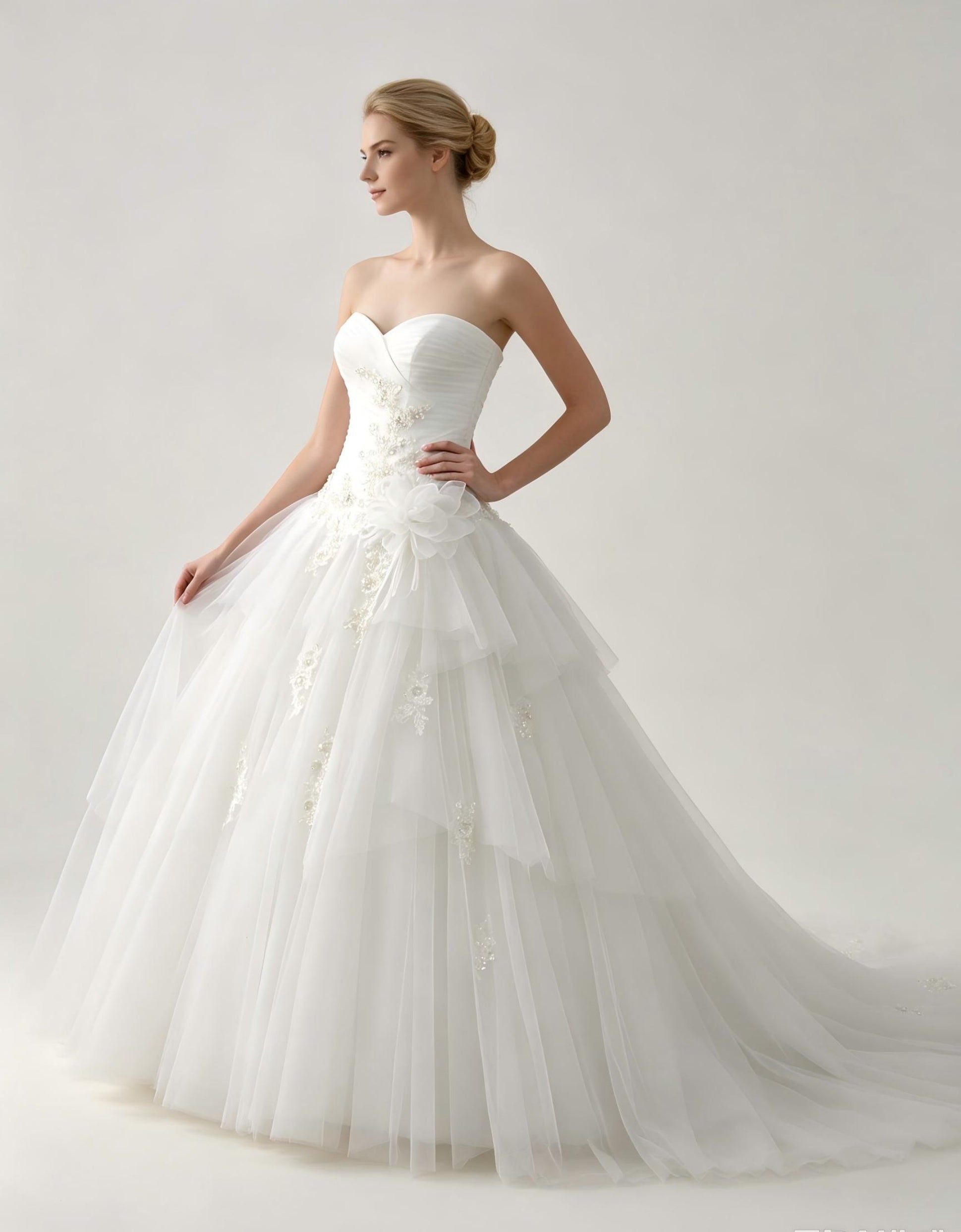 Strapless A-Line Wedding Dress with 3D Floral Tulle Skirt - Chapel Train Bridal Gown