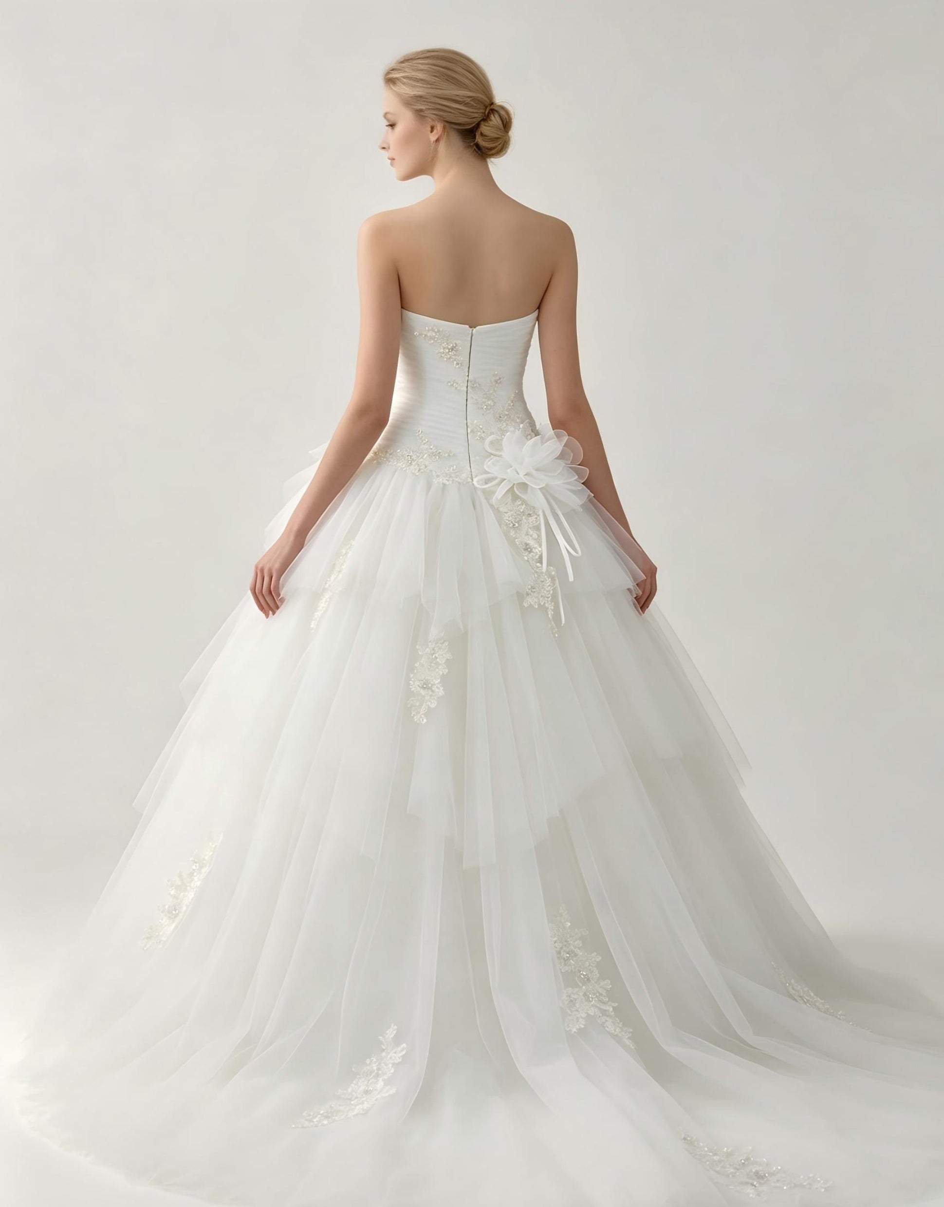 Strapless A-Line Wedding Dress with 3D Floral Tulle Skirt - Chapel Train Bridal Gown