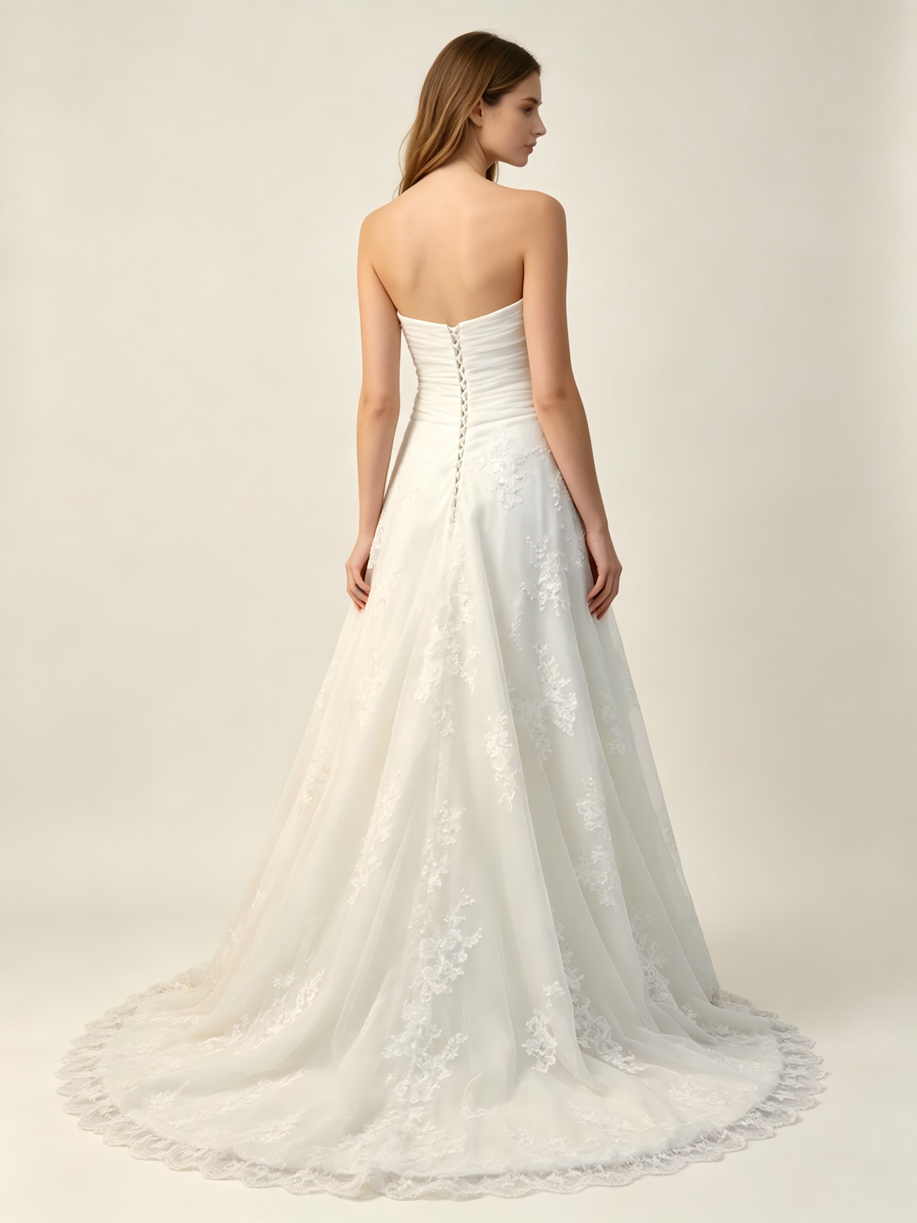 Strapless A-Line Wedding Dress with Cathedral Train - Lace Bridal Gown