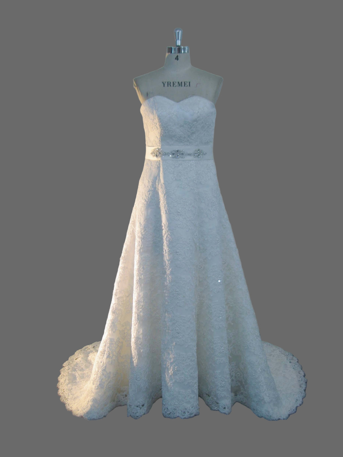 Strapless A-Line Wedding Dress with Crystal Beading and Cathedral Trai OneWedDress Strapless A-Line Wedding Dress with Crystal Beading and Cathedral Trai OneWedDress