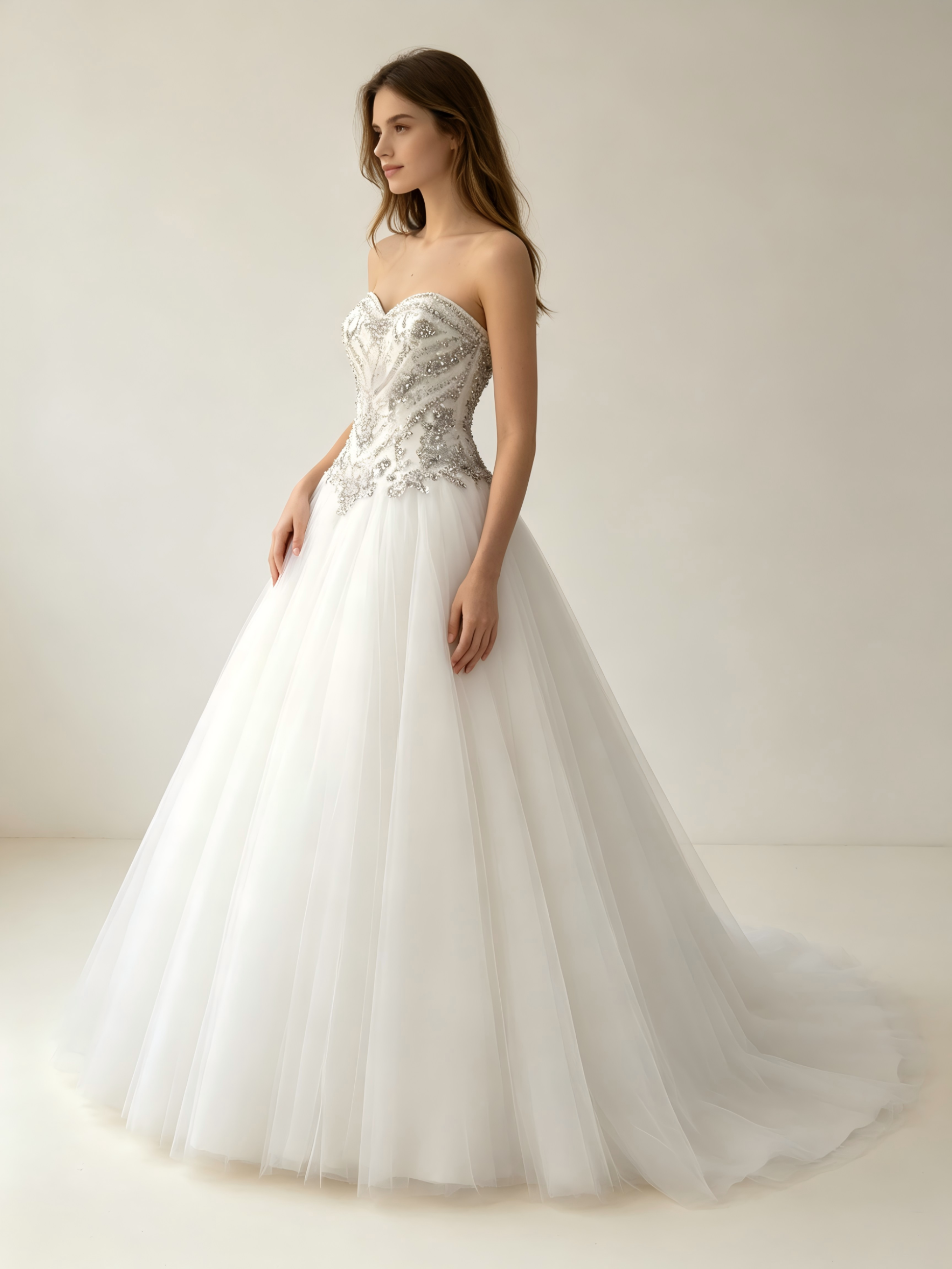 Strapless Ball Gown Wedding Dress with Crystal Beaded Bodice & Tulle Skirt