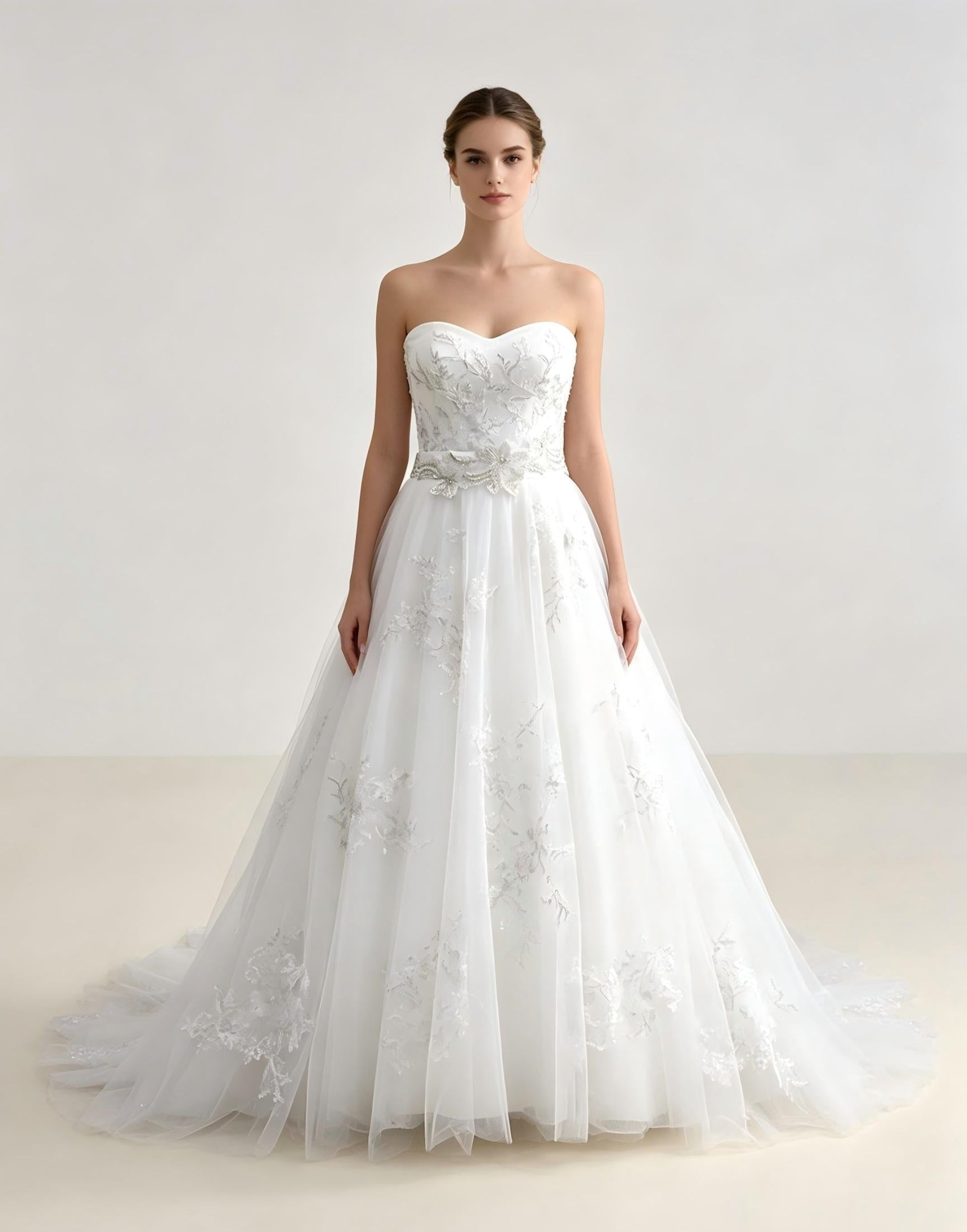 Strapless Ball Gown Wedding Dress with delicate lace appliqués-Luxury Bridal Gown