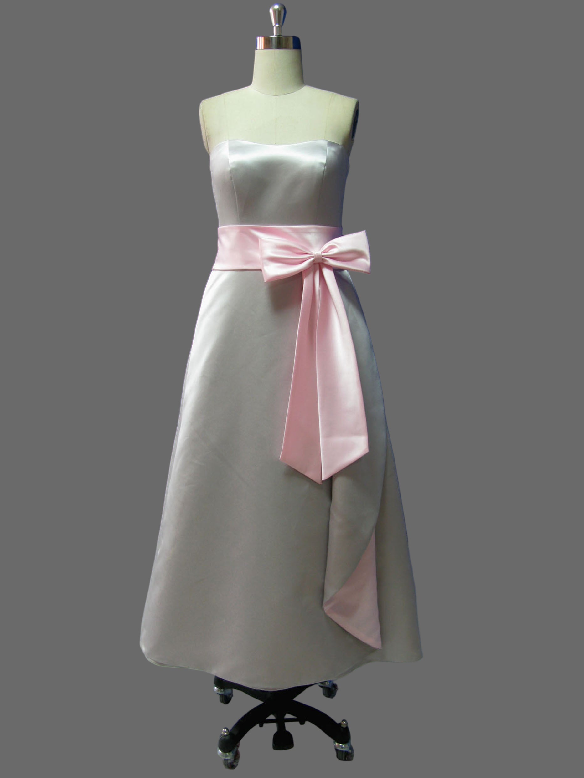 Strapless Bridesmaid Dress with Pink Sash - Tea Length White Formal Gown