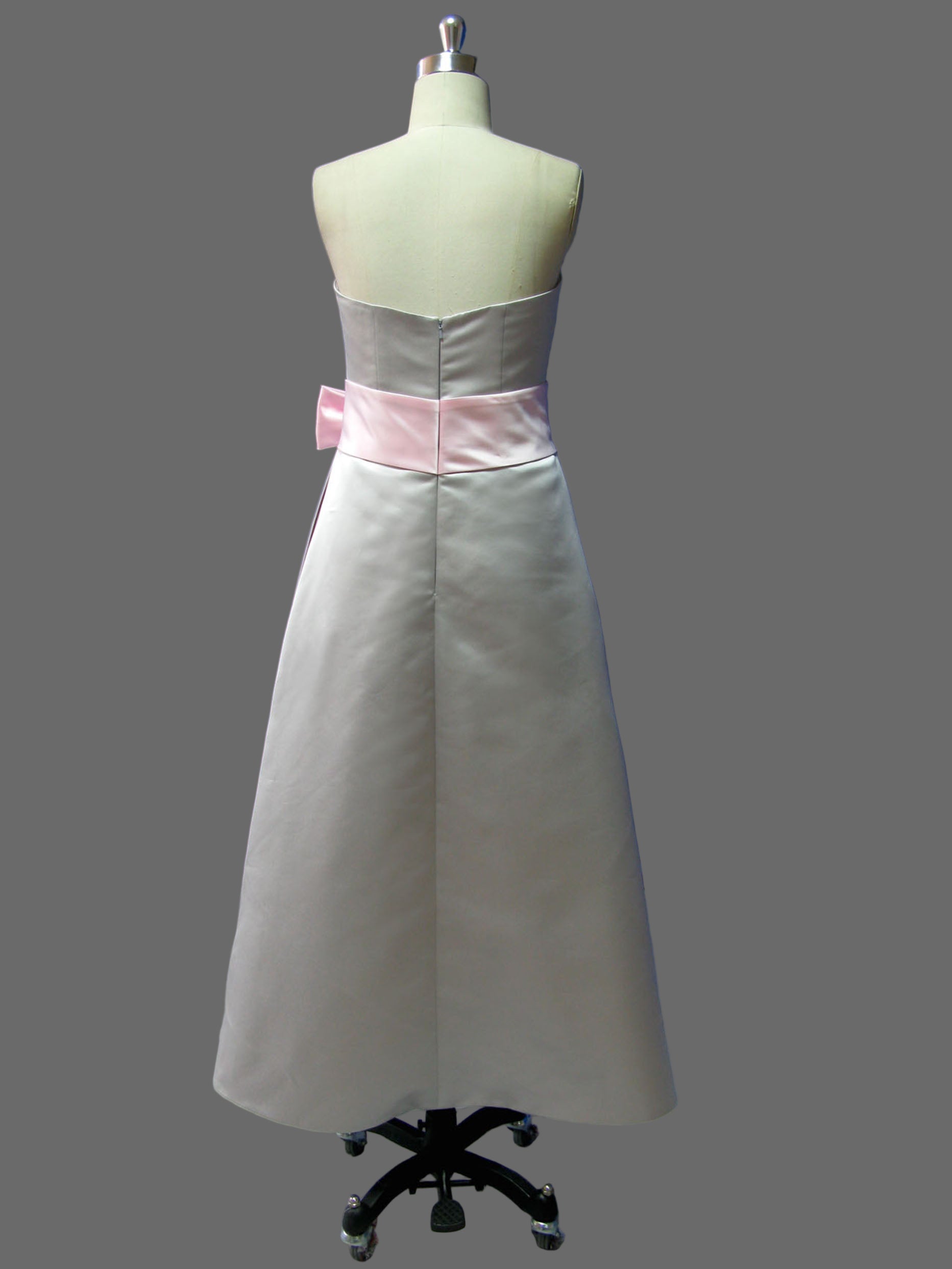 Strapless Bridesmaid Dress with Pink Sash - Tea Length White Formal Gown