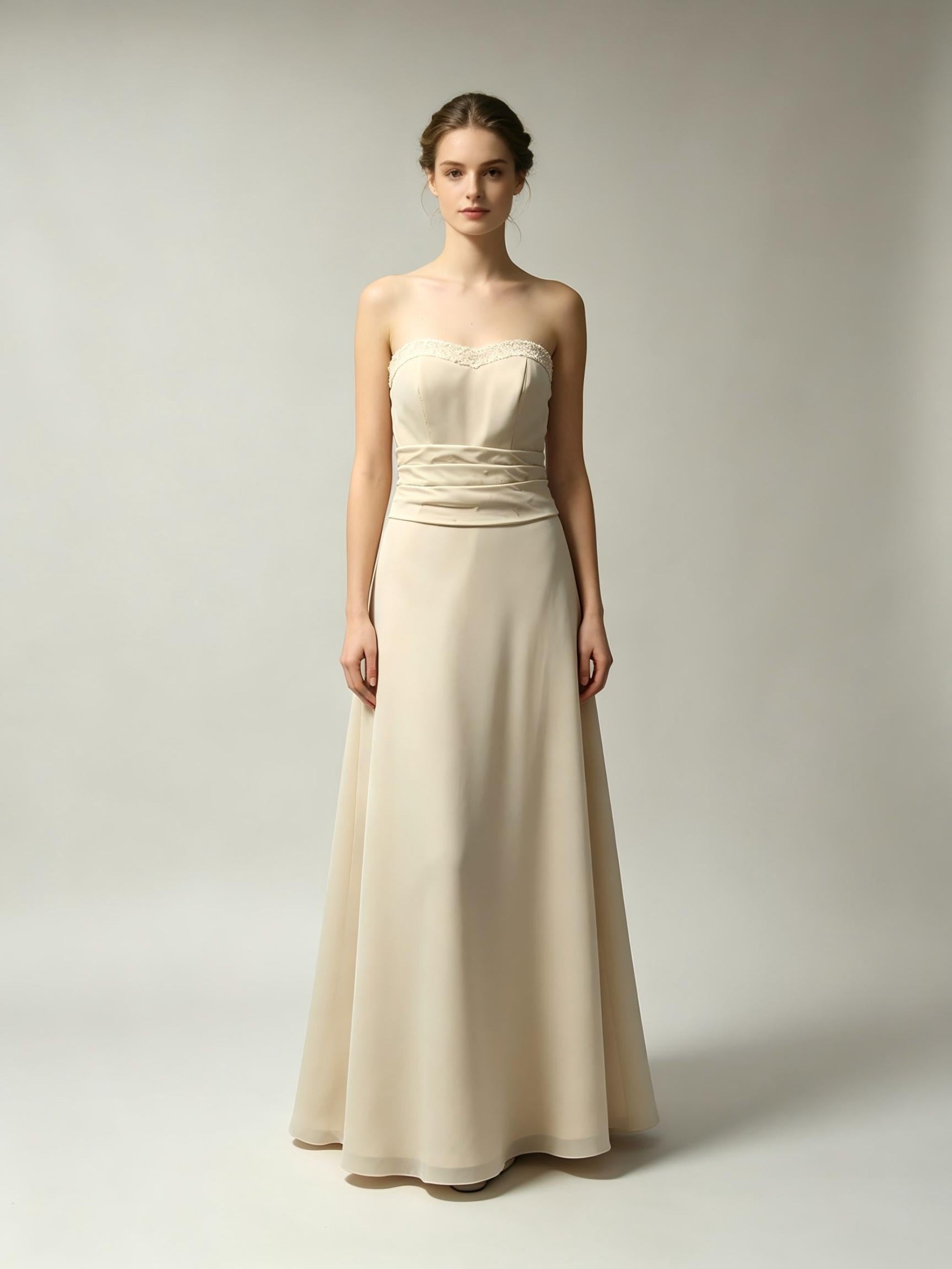 Strapless Chiffon Bridesmaid Dress – A-Line Beaded Ruched Waistband Gown