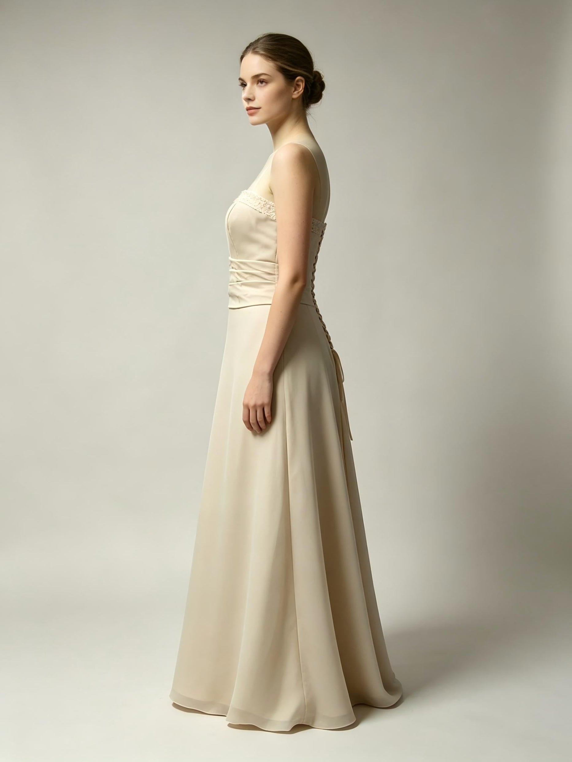 Strapless Chiffon Bridesmaid Dress – A-Line Beaded Ruched Waistband Gown